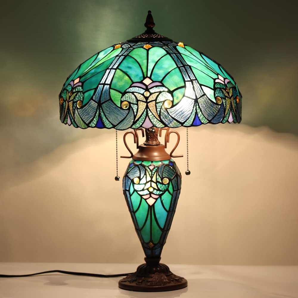 Tiffany Style 16 Inch Stained Glass Table Lamp - Victorian Sea Green Antique Desk Light with Night Light, 3 Bulb Capacity - Perfect for Living Room, Bedroom, and Office Decor