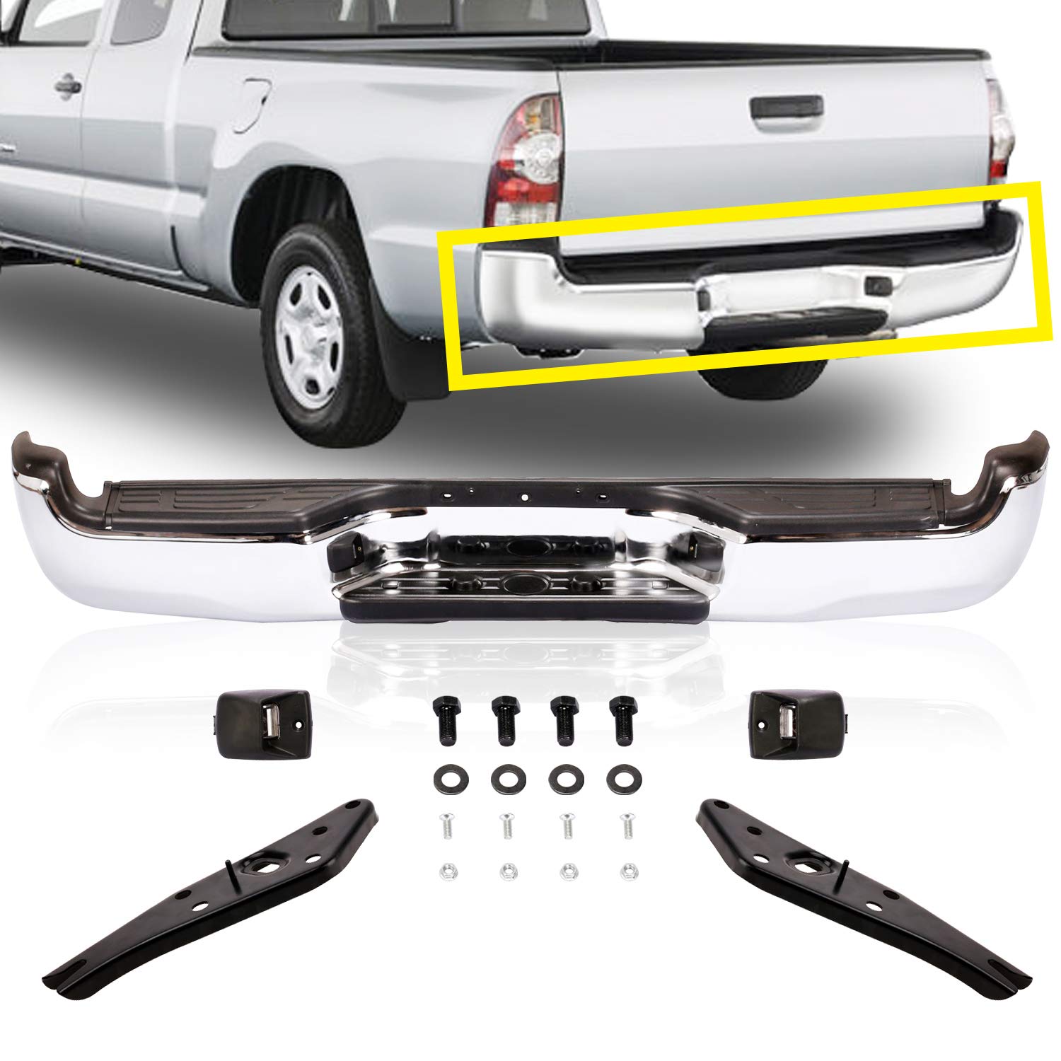 Chrome Steel Rear Step Bumper Assembly with Pads, Brackets & License Plate Lights for 2005-2015 Toyota Tacoma (TO1103113) - Perfect Fit, Durable Protection for Off-Road & Towing