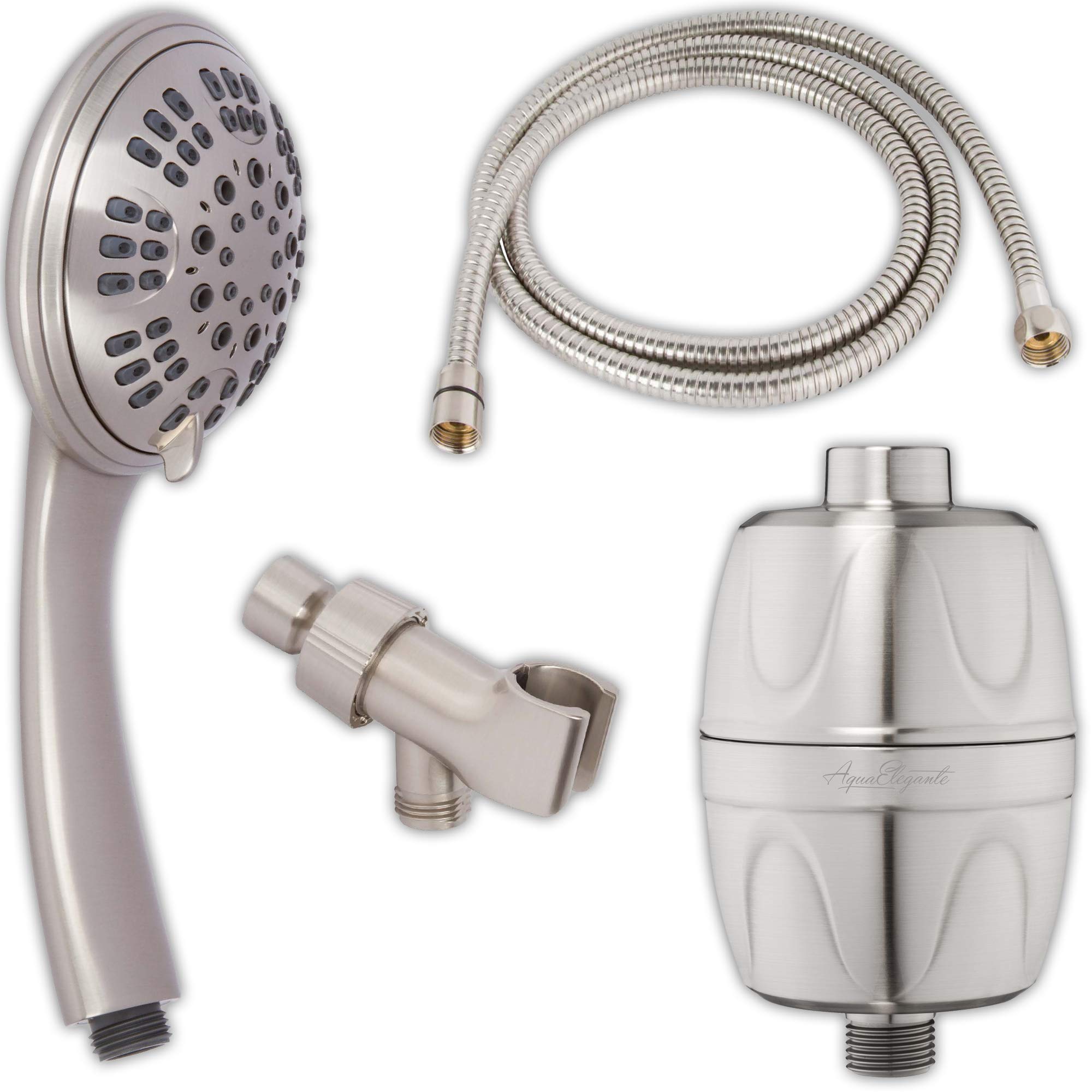 6 Function High Pressure Handheld Shower Head with Filter - Removable Showerhead with Adjustable Mount & 5ft Stainless Steel Hose - Chlorine Removal Water Filter (2.5 GPM, Brushed Nickel) - Perfect for Bathroom, Spa, and Pet Washing