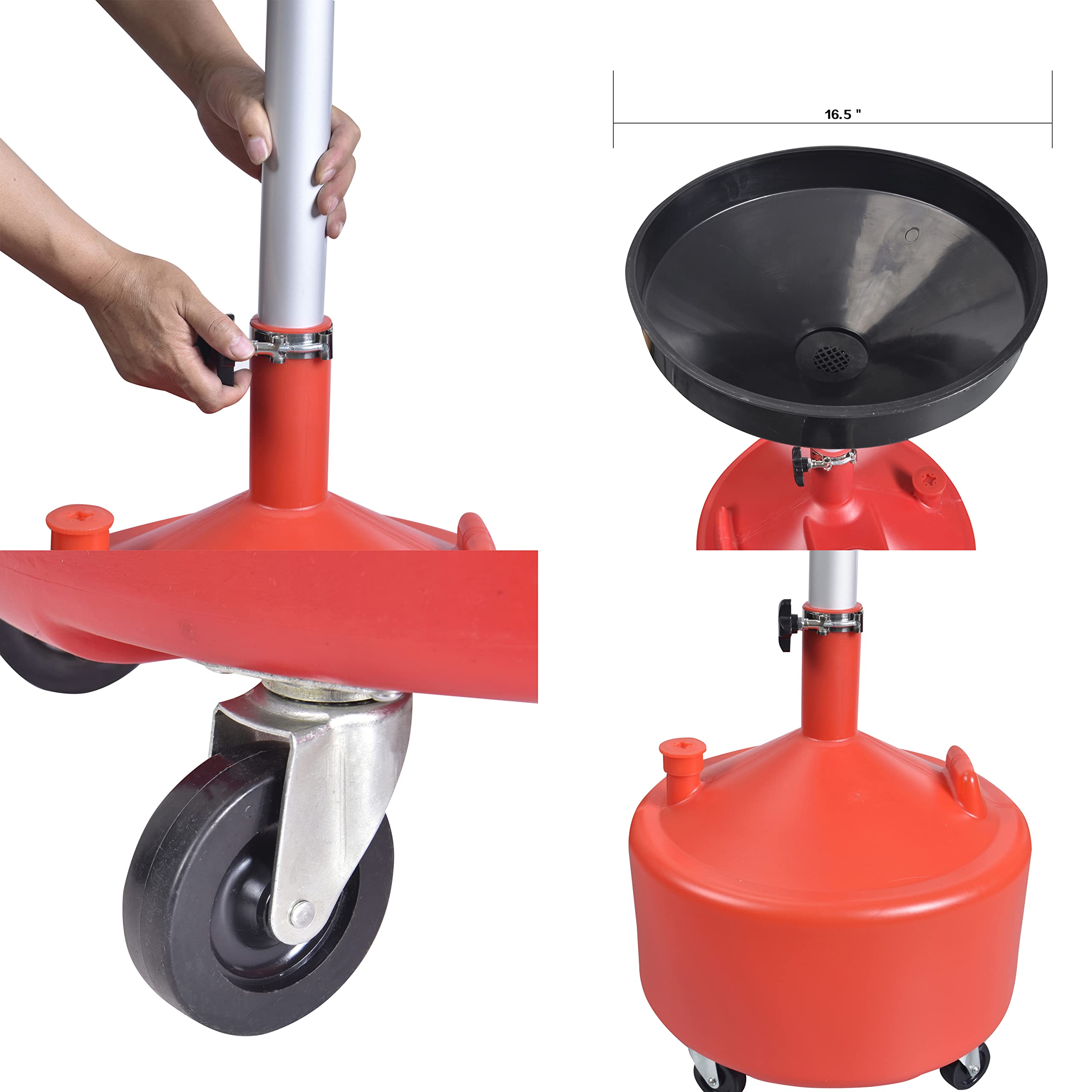 8 Gallon Portable Upright Oil Drain Tank for Automotive Fluids - Adjustable Funnel Height with Built-in Strainer (16.5