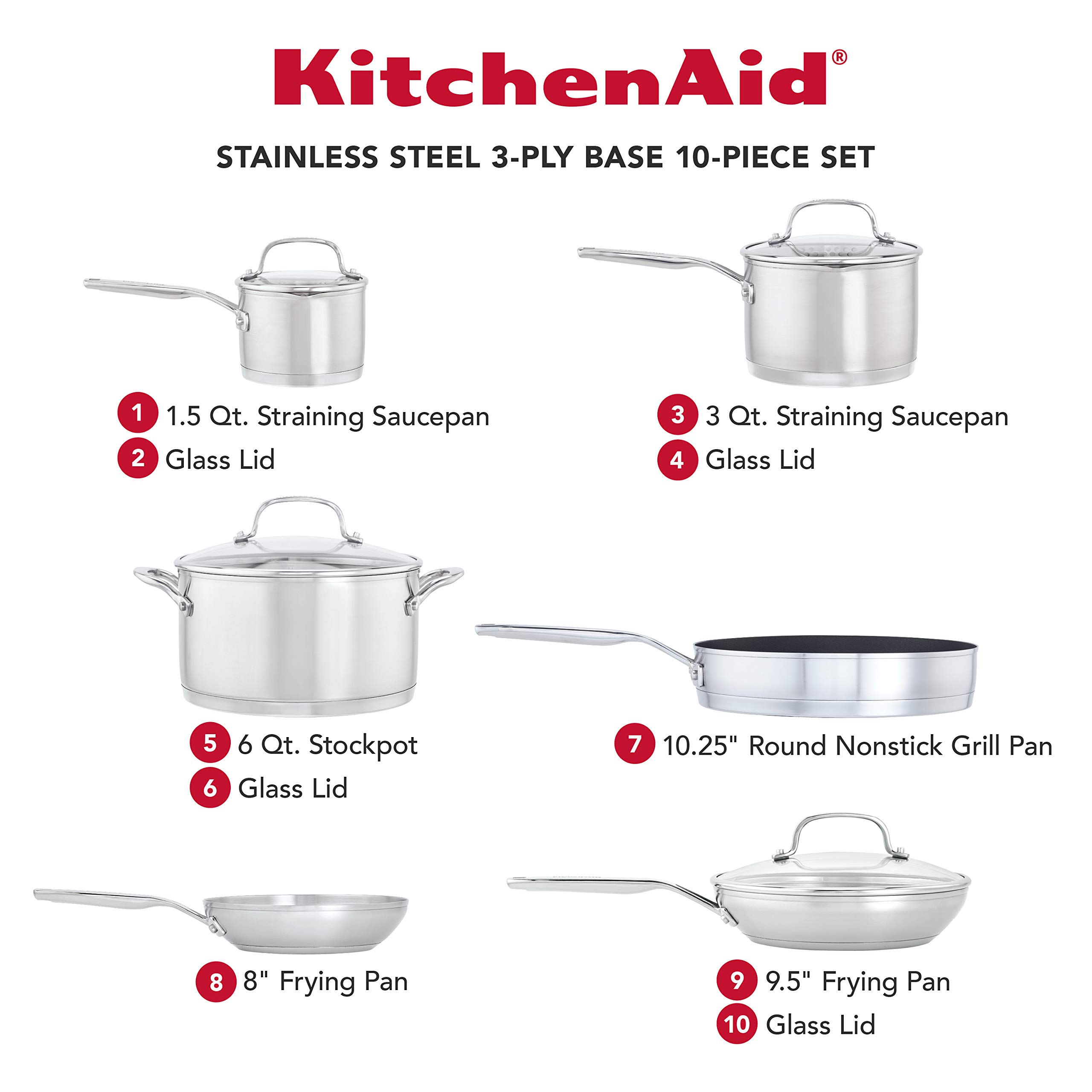 KitchenAid 3-Ply Stainless Steel Cookware Set - 10 Piece Pots and Pans with Brushed Finish | Professional Grade for Cooking, Baking & Meal Prep | Perfect for Home Chefs & Restaurant Use
