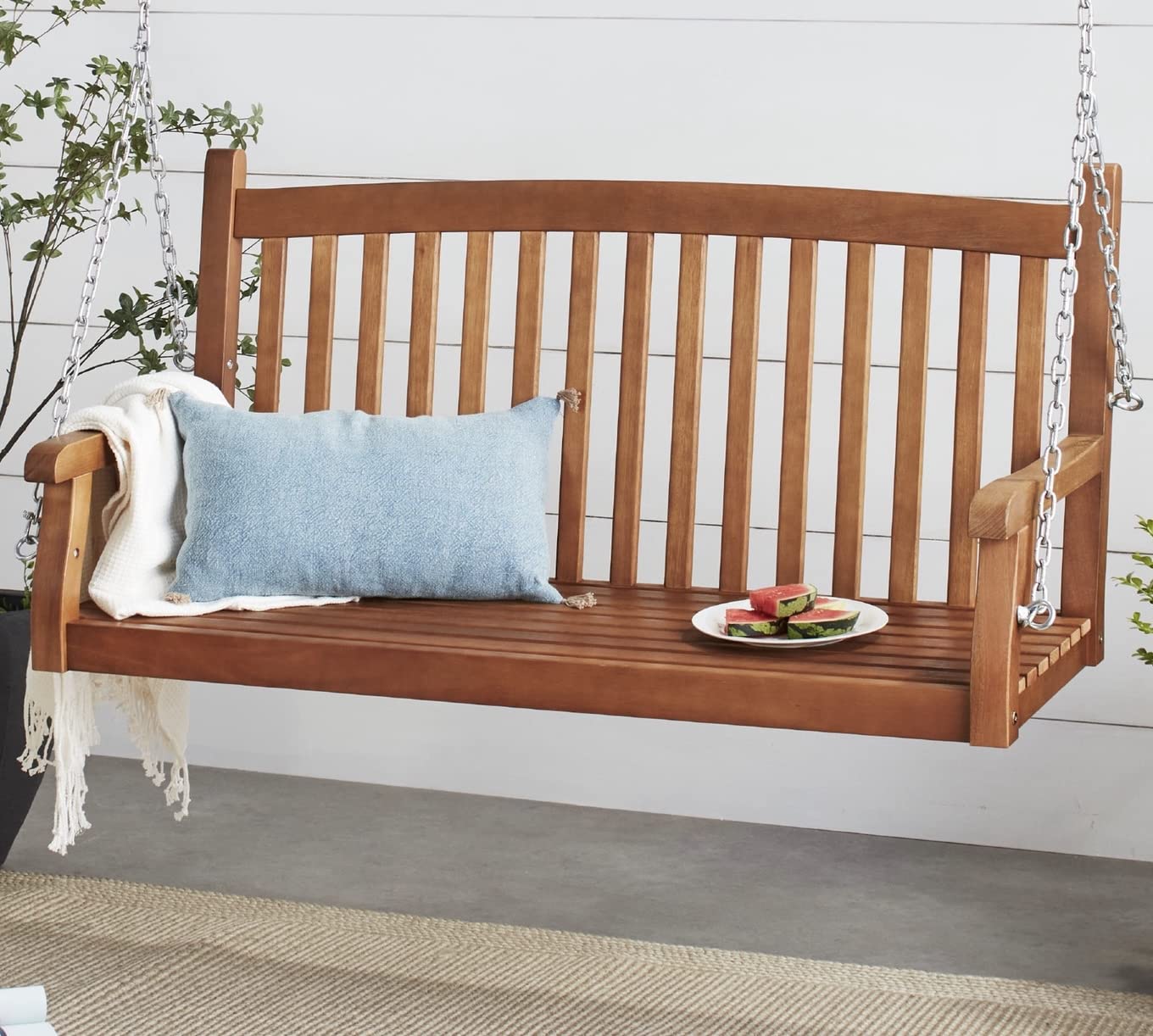 Traditional Western Acacia Wood Hanging Porch Swing - Brown, Water Resistant & Weatherproof for Outdoor Patio, Garden, and Backyard Relaxation