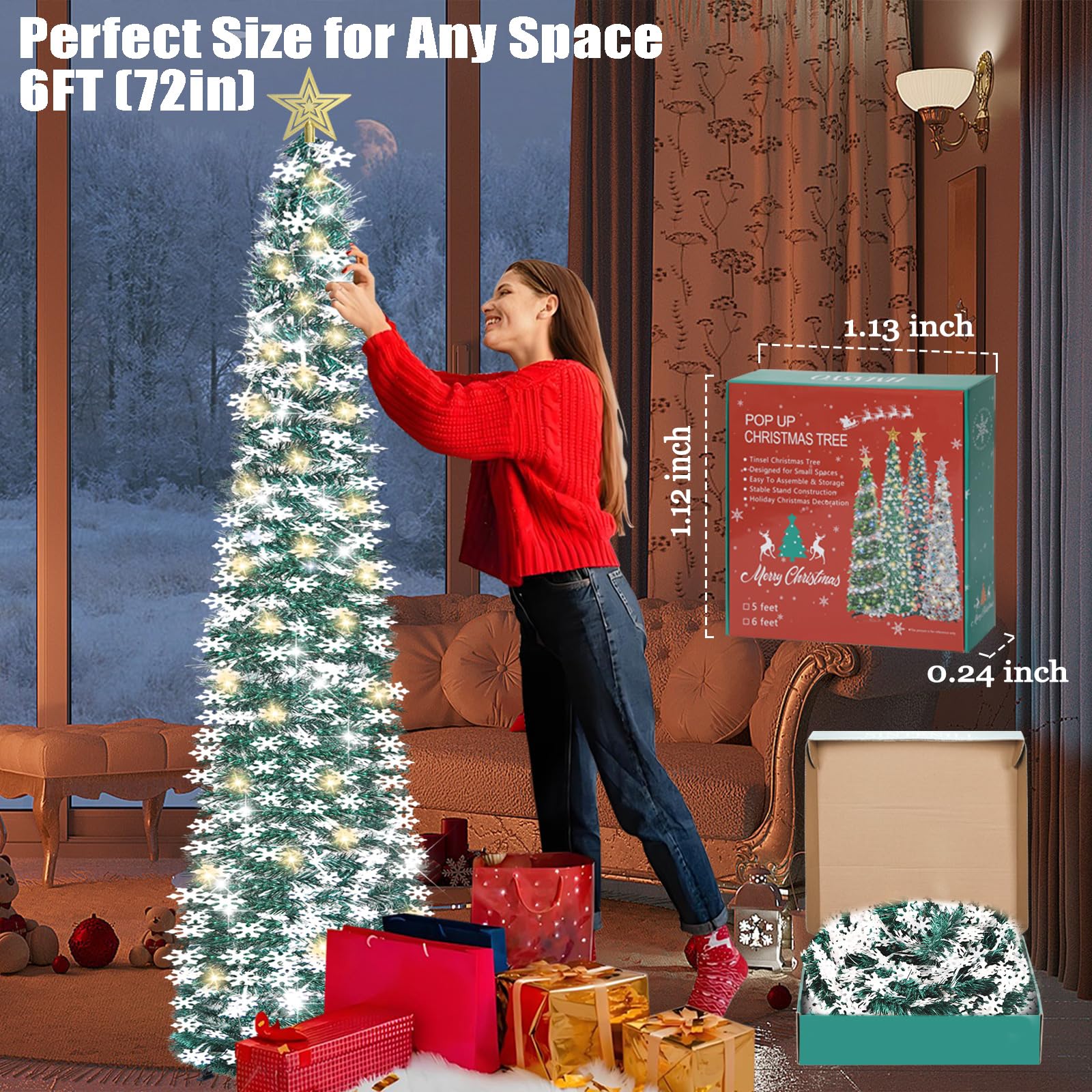 6 FT Pop Up Tinsel Christmas Tree with 100 LED Lights & Remote Control - Collapsible Artificial Pencil Tree with Snowflake Ornaments - USB Powered Timer Holiday Decor for Home, Office, Party | Perfect for Living Room, Bedroom, Christmas Party & Winter Festival Decorations