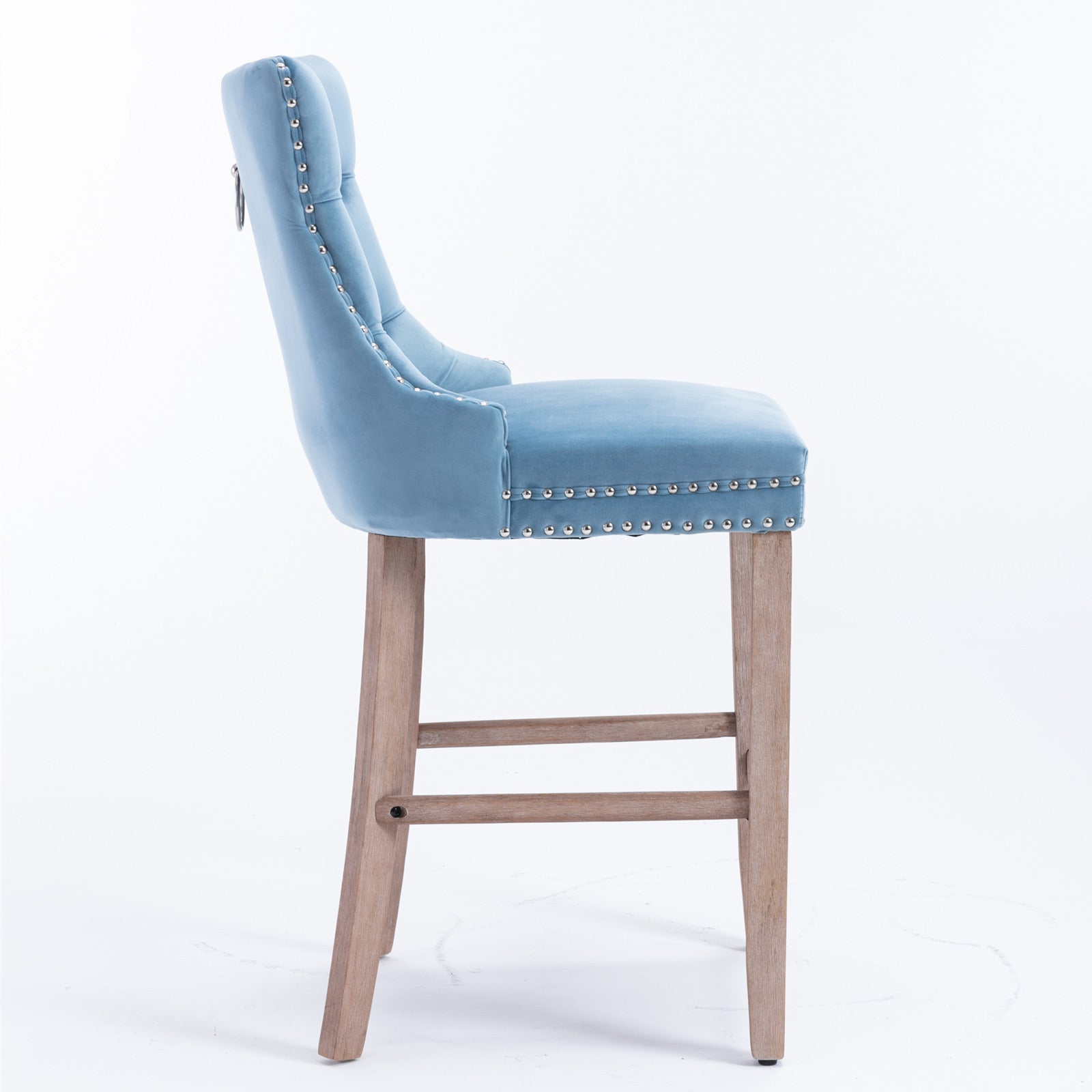 Modern Velvet Bar Stools with Button Tufted Back & Wooden Legs - Set of 2 Light Blue Bar Chairs with Chrome Nailhead Trim for Kitchen Island, Breakfast Bar & Home Decor (SW2002LB)