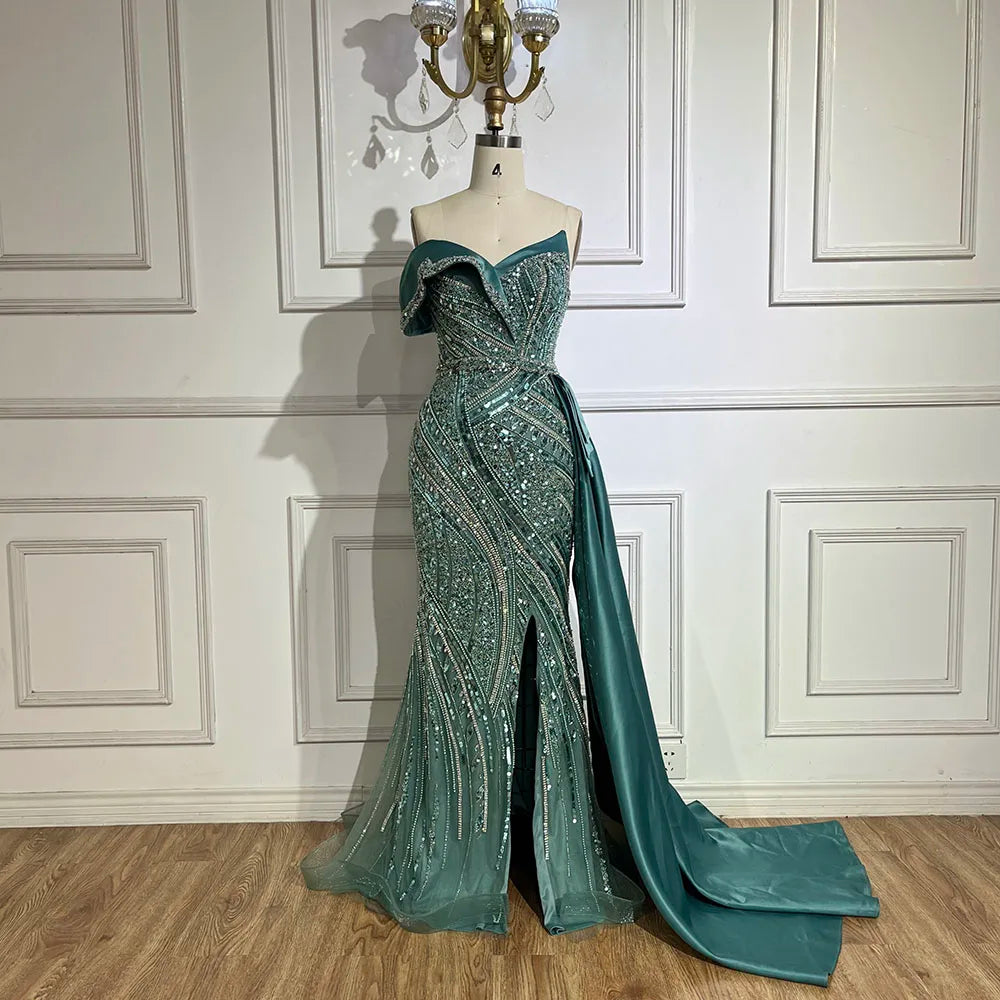Elegant Turquoise Beaded One Shoulder Evening Dress for Wedding Party & Formal Events - LA72335 | Perfect for Prom, Cocktail Parties & Special Occasions