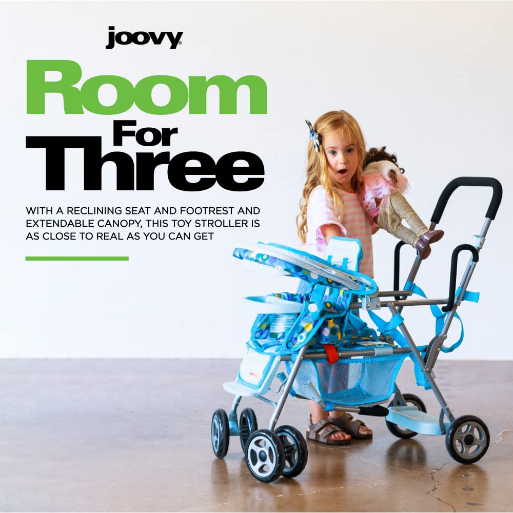 Joovy Toy Caboose Baby Doll Stroller - Reclining Front Seat, Adjustable Footrest, Storage Basket & Extendable Canopy | Holds 3 Dolls | Blue Dot | Perfect for Pretend Play, Daycare & Indoor/Outdoor Playtime