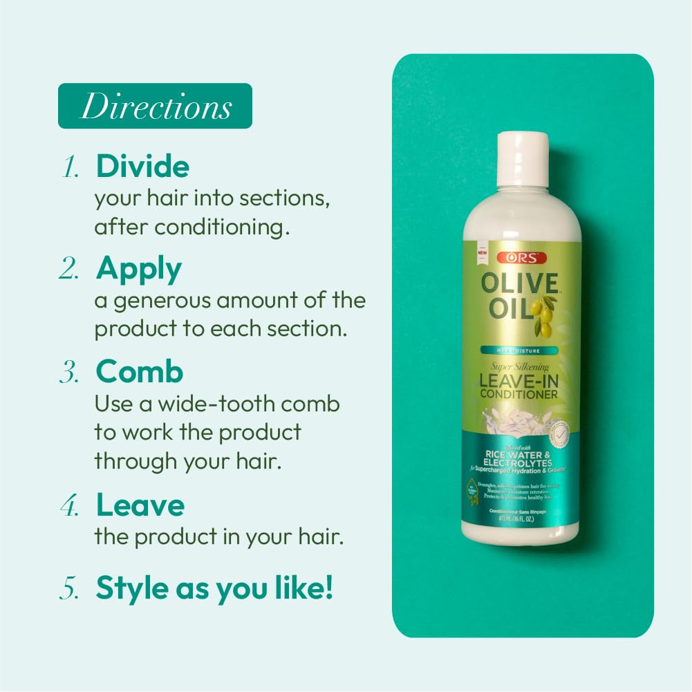 ORS Olive Oil Max Moisture Leave-In Conditioner with Rice Water & Electrolytes - Deep Hydration for Dry, Damaged Hair - 16oz (Pack of 2) - Perfect for Curly, Coily & Natural Hair Care Routine