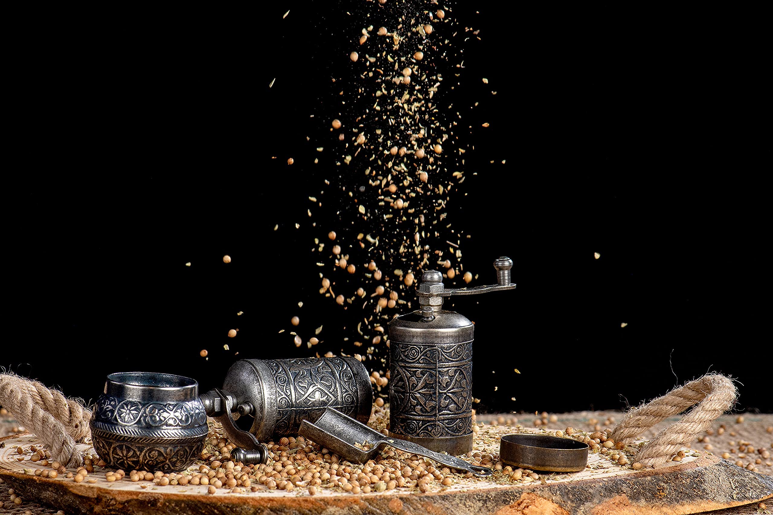 Premium 4-Piece Herb & Spice Grinder Set - Manual Crank Handle Pepper Mill for Freshly Ground Peppers, Herbs & Spices - Perfect for Cooking, Baking & Seasoning (Dark Silver)