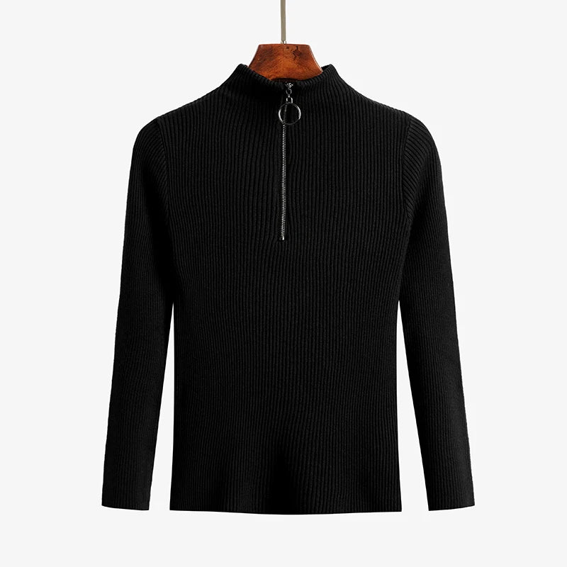 Vintage Solid Knitted Long Sleeve Zip-Up Half Turtleneck Sweater for Women - Cozy Winter Pullover for Casual Outfits & Office Wear