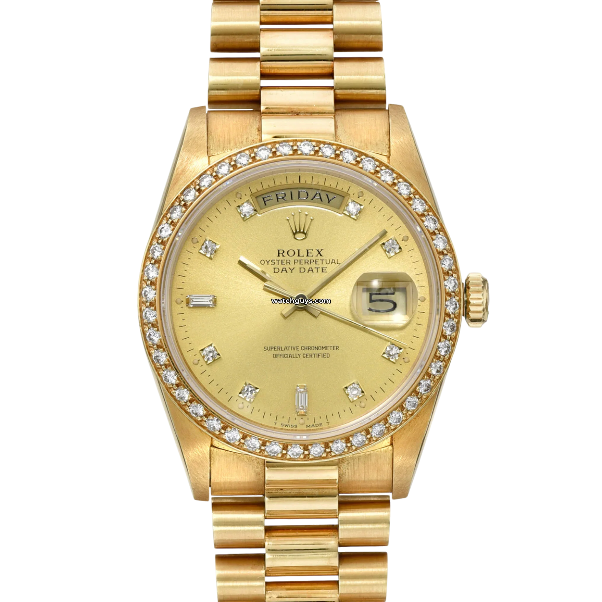 Authentic Rolex Day-Date 18348 Men's Watch - 18K Yellow Gold, Champagne Dial with Diamond Hour Markers - Luxury Dress Watch for Business & Formal Events