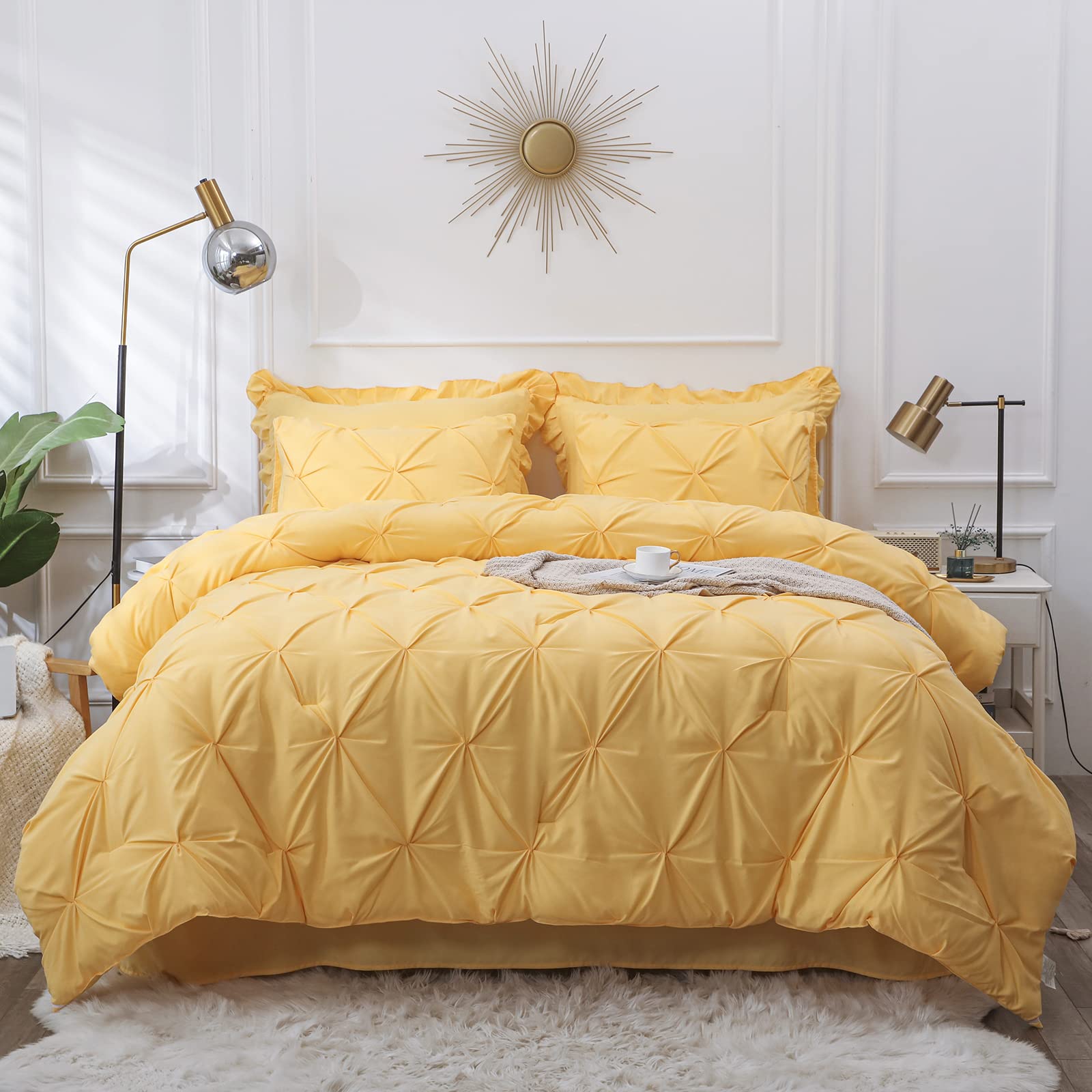 LUCKYBULL King Size Comforter Set - 8 Piece Yellow Pintuck Bed in a Bag with Microfiber Sheets, Bed Skirt & Pillow Shams | Ultra Soft Textured Bedding for King Beds | Perfect for Master Bedrooms, Guest Rooms & Cozy Home Decor