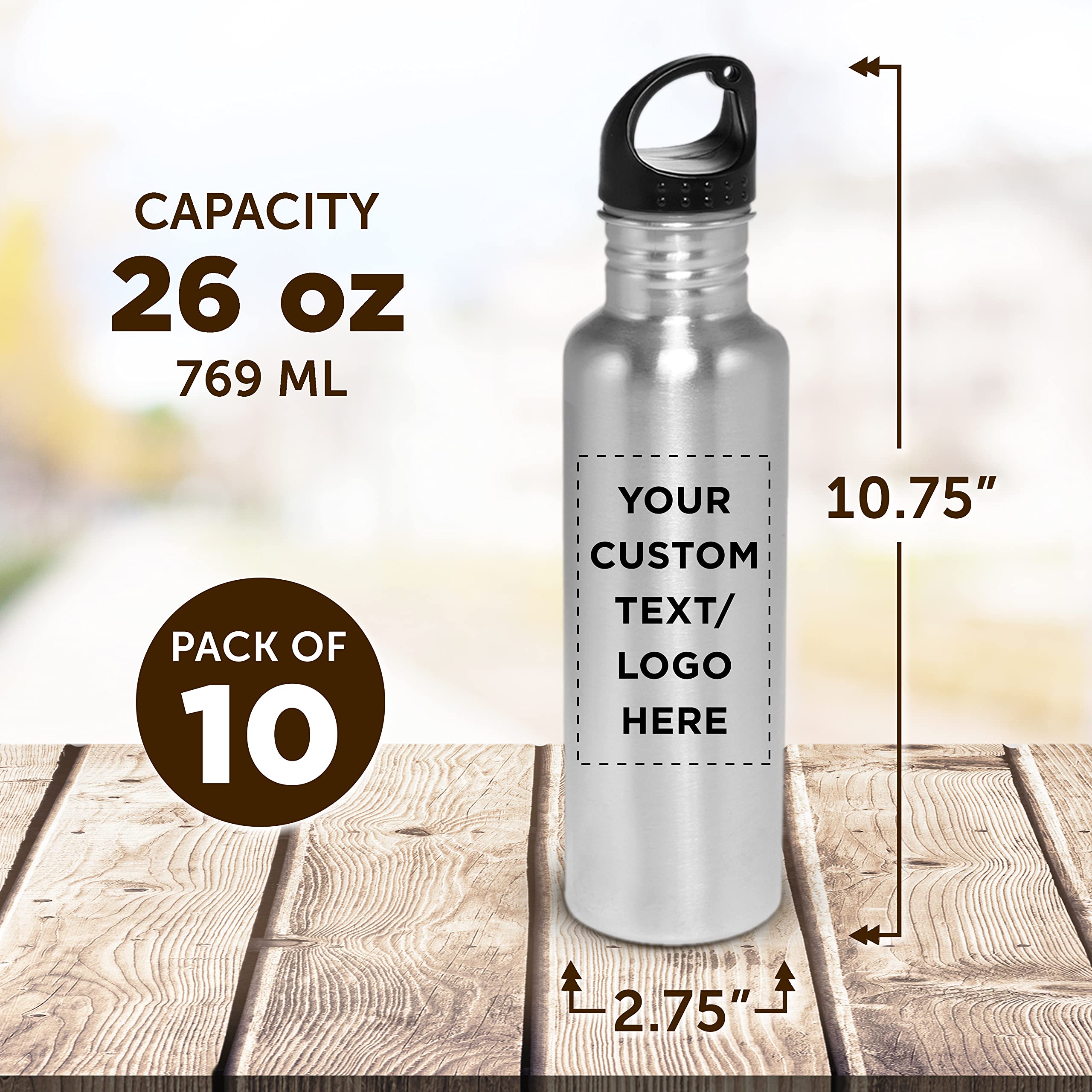 Custom Stainless Steel Water Bottles 26oz (Set of 10) - Personalized Bulk Pack, Reusable & Leak Proof - Ideal for Gym, Hiking, Camping, Outdoor Sports - Silver | Perfect for Team Gifts, Corporate Events & Eco-Friendly Hydration