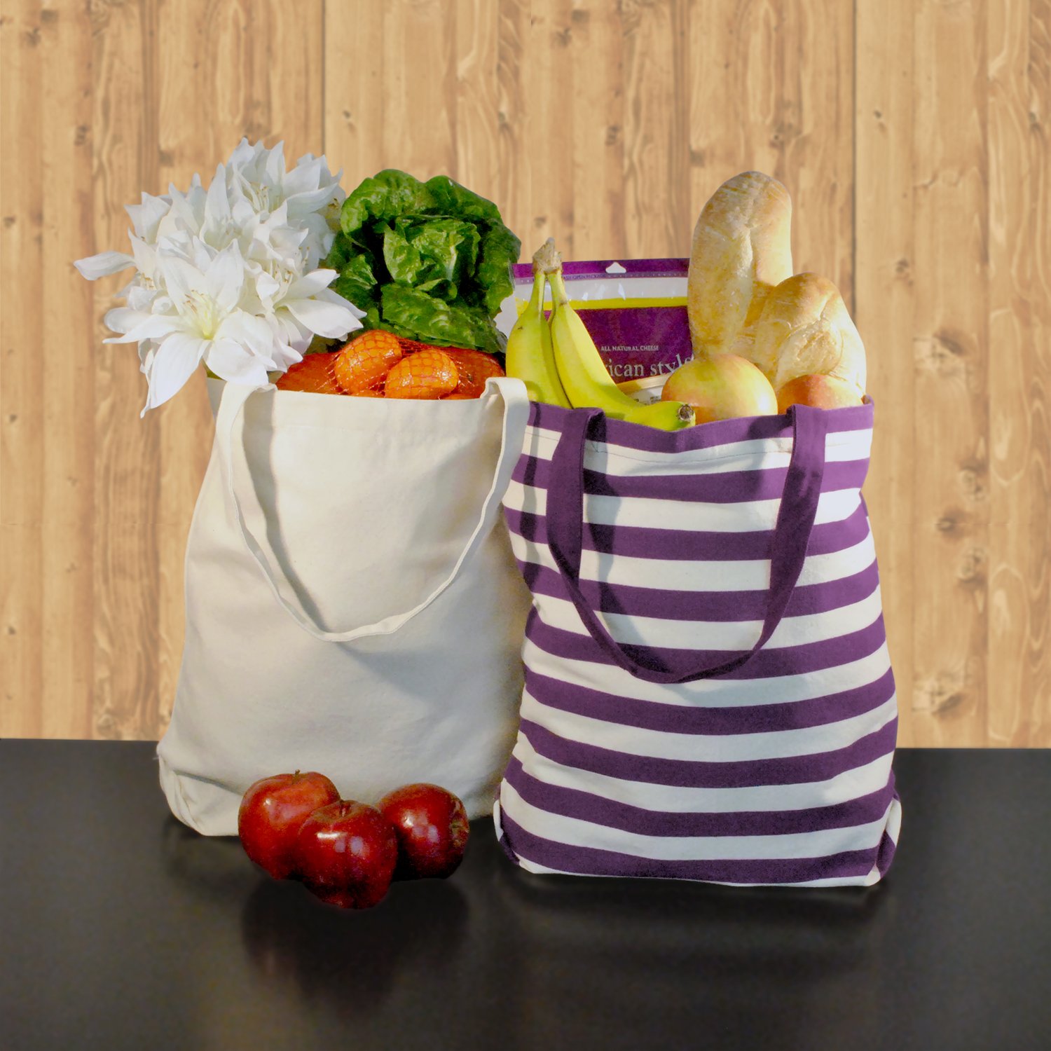 DII CAMZ33546 Heavy Duty Reusable Cotton Shopping Tote Bags - Set of 3 (Natural & Eggplant Damask) - Machine Washable Eco-Friendly Grocery Bags for Shopping, Farmers Market & Beach Trips
