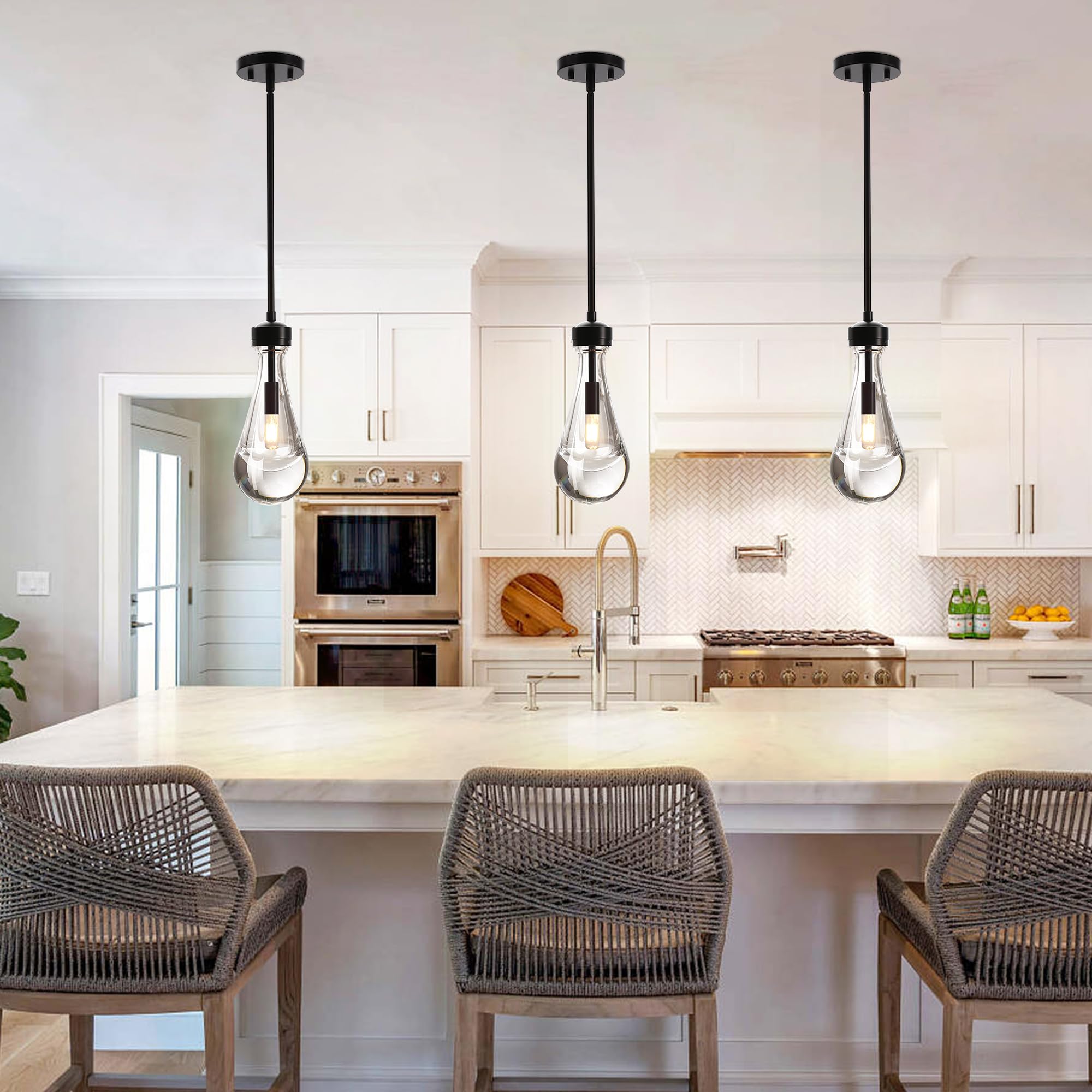 Hand-Blown Black Glass Pendant Light Fixture - Modern Raindrop Kitchen Island Lighting with Included Bulb | Perfect for Dining Tables, Kitchen Islands & Over Sinks | Durable Solid Glass Hanging Chandelier