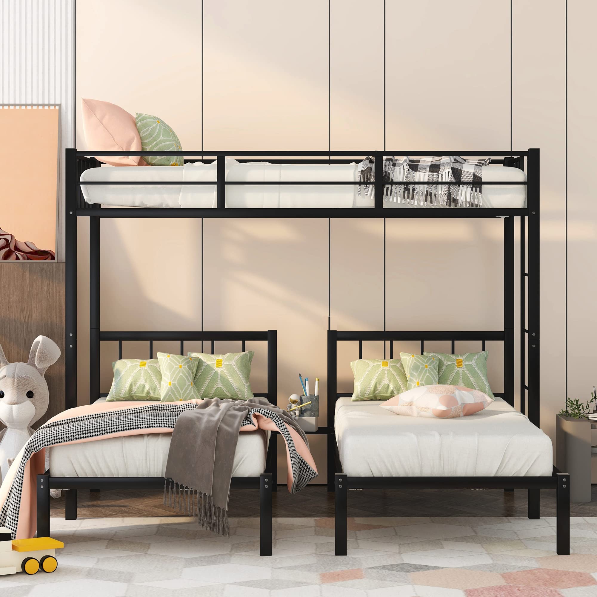MERITLINE Triple Bunk Beds - Metal Twin Over Twin & Twin Bunk Bed for Kids, Teens & Adults | Convertible to 3 Separate Twin Beds | Space-Saving Black Bed Frame | Perfect for Dorms, Hostels & Small Bedrooms