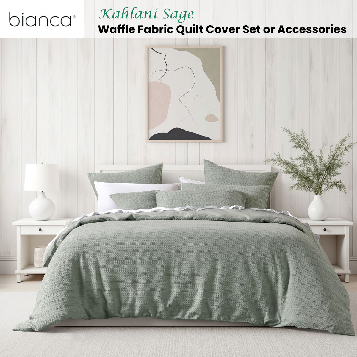 Bianca Kahlari Sage Green Waffle Weave Quilt Cover Set - Super King Size (200x200cm) - Breathable Cotton Bedding for Luxury Hotels & Master Bedrooms
