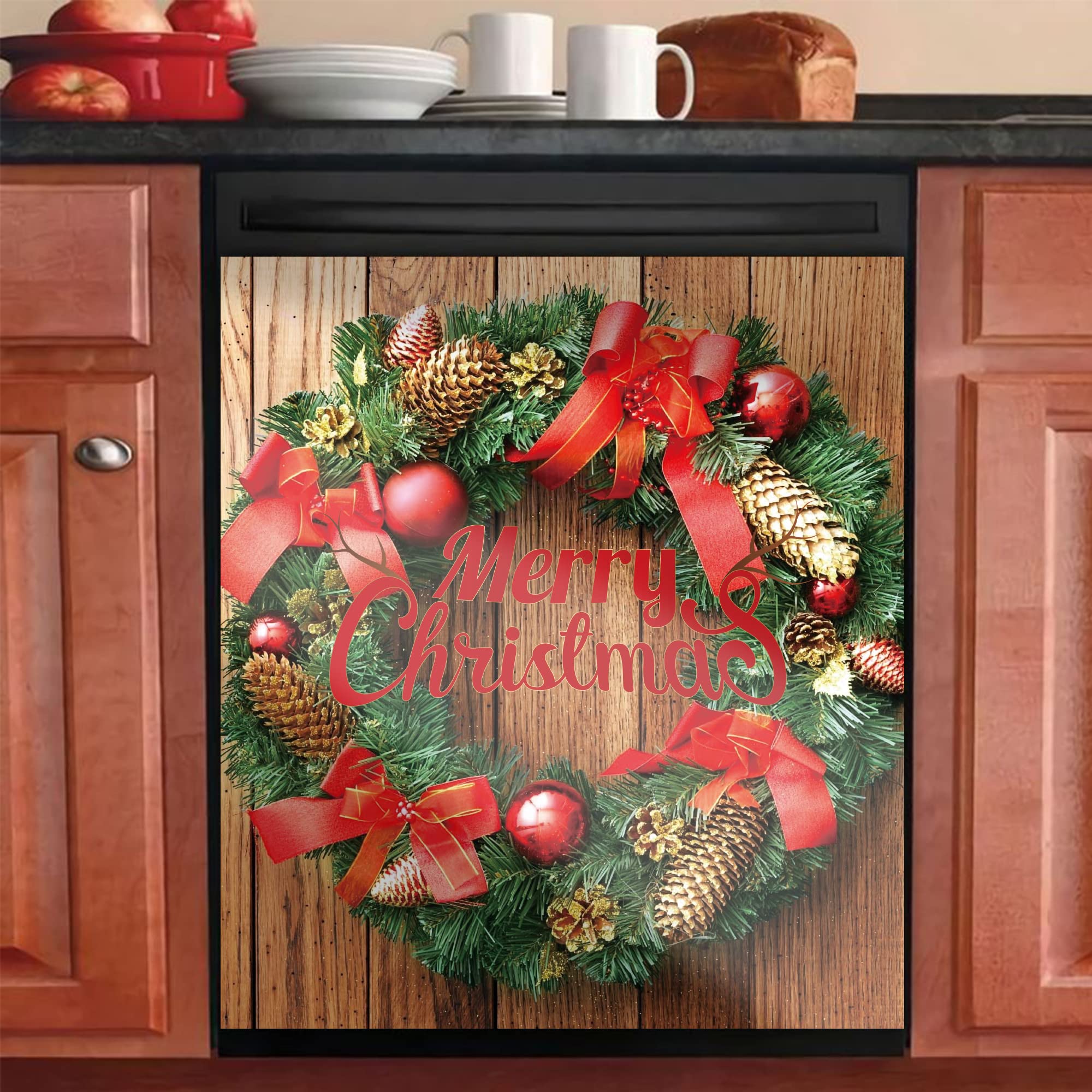 Christmas Wreath Refrigerator Door Cover Magnet - Merry Christmas Dishwasher Decorative Magnetic Sticker - 23x26 Inch Kitchen Decor for Holiday Home & Party Decoration