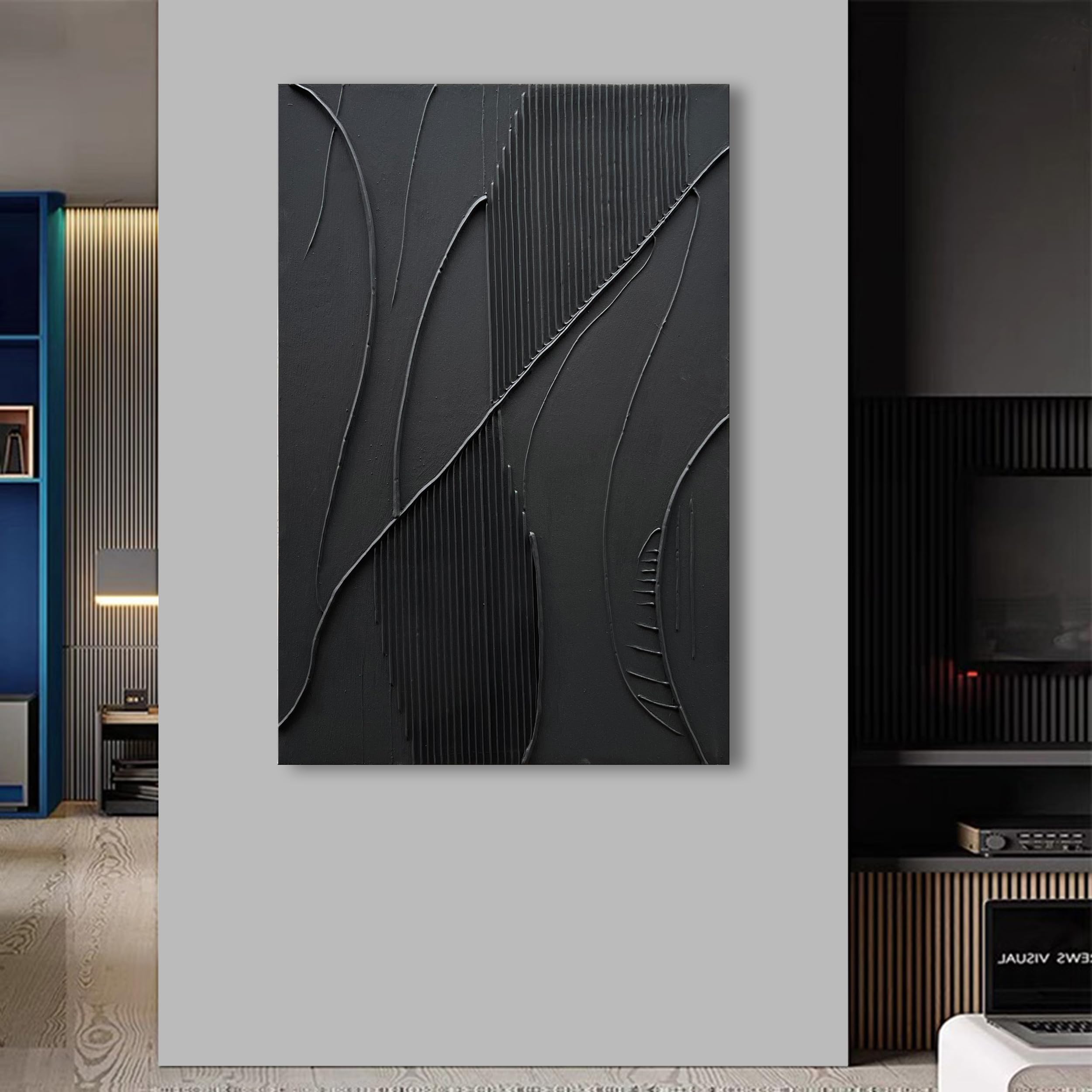 Hand-Painted Modern Minimalist Abstract Oil Painting - Black Texture Wall Art - 45x30 Inches - Large Contemporary Home Decor for Living Room, Bedroom & Office