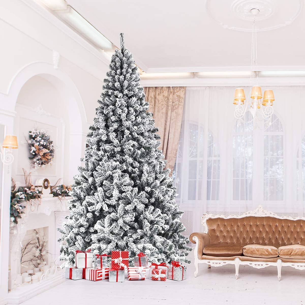 Premium 9FT Flocked Snow Artificial Christmas Tree with PVC Pine Needles & Sturdy Metal Stand - Indoor & Outdoor Holiday Decor for Home, Office, Party
