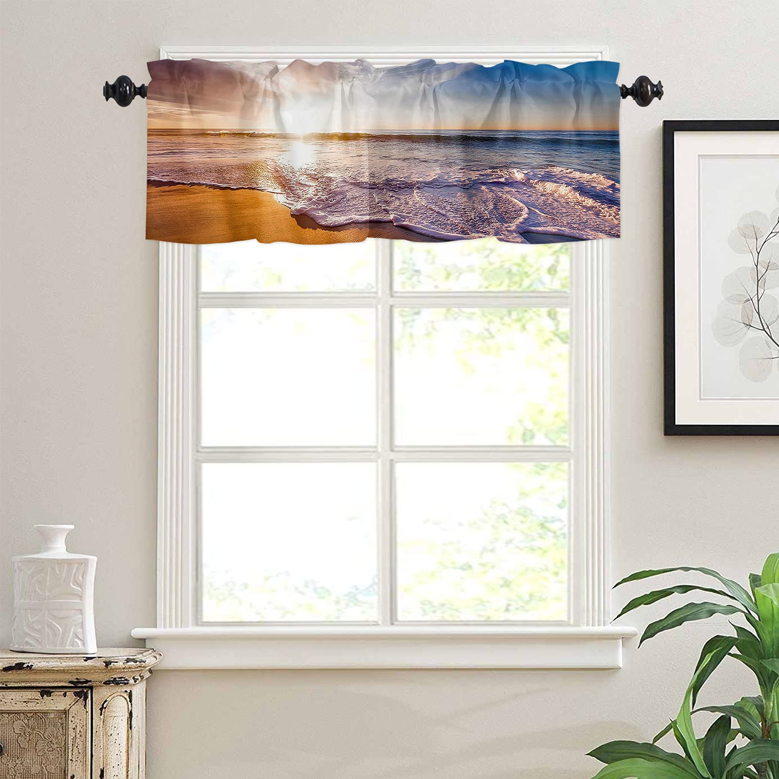 Blue Sky Coastal Sunset Waves Valance Curtain - 54x18 Inch Rod Pocket Window Treatment for Kitchen, Bedroom, Living Room & Bathroom Decor - Perfect for Beach House, Coastal Theme & Relaxing Home Atmosphere