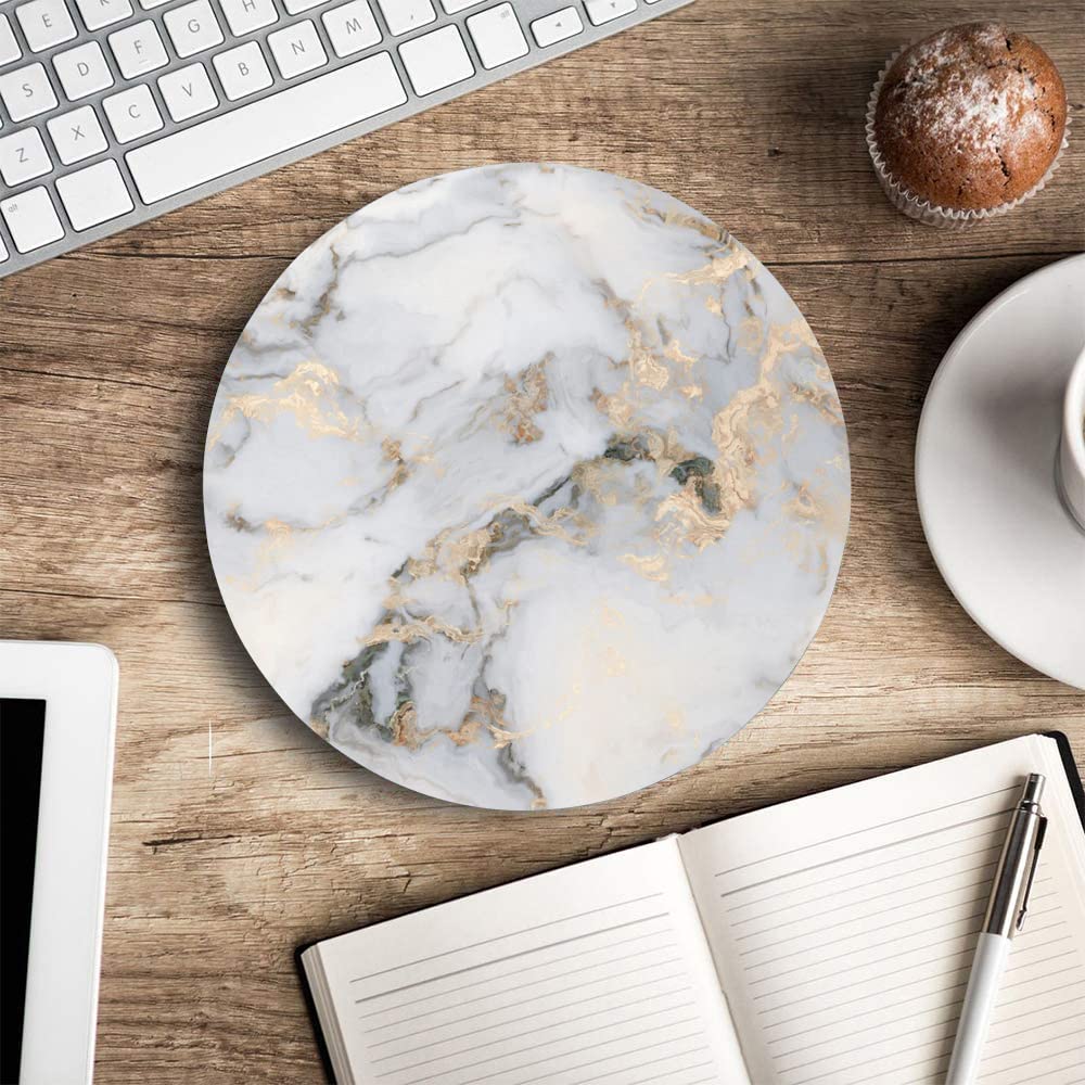 Premium White Gold Marble Customized Round Mouse Pad - Non-Slip Rubber Base, Washable Lycra Cloth Surface for Wireless Mouse | Perfect for Office, Gaming & Home Computer Setup