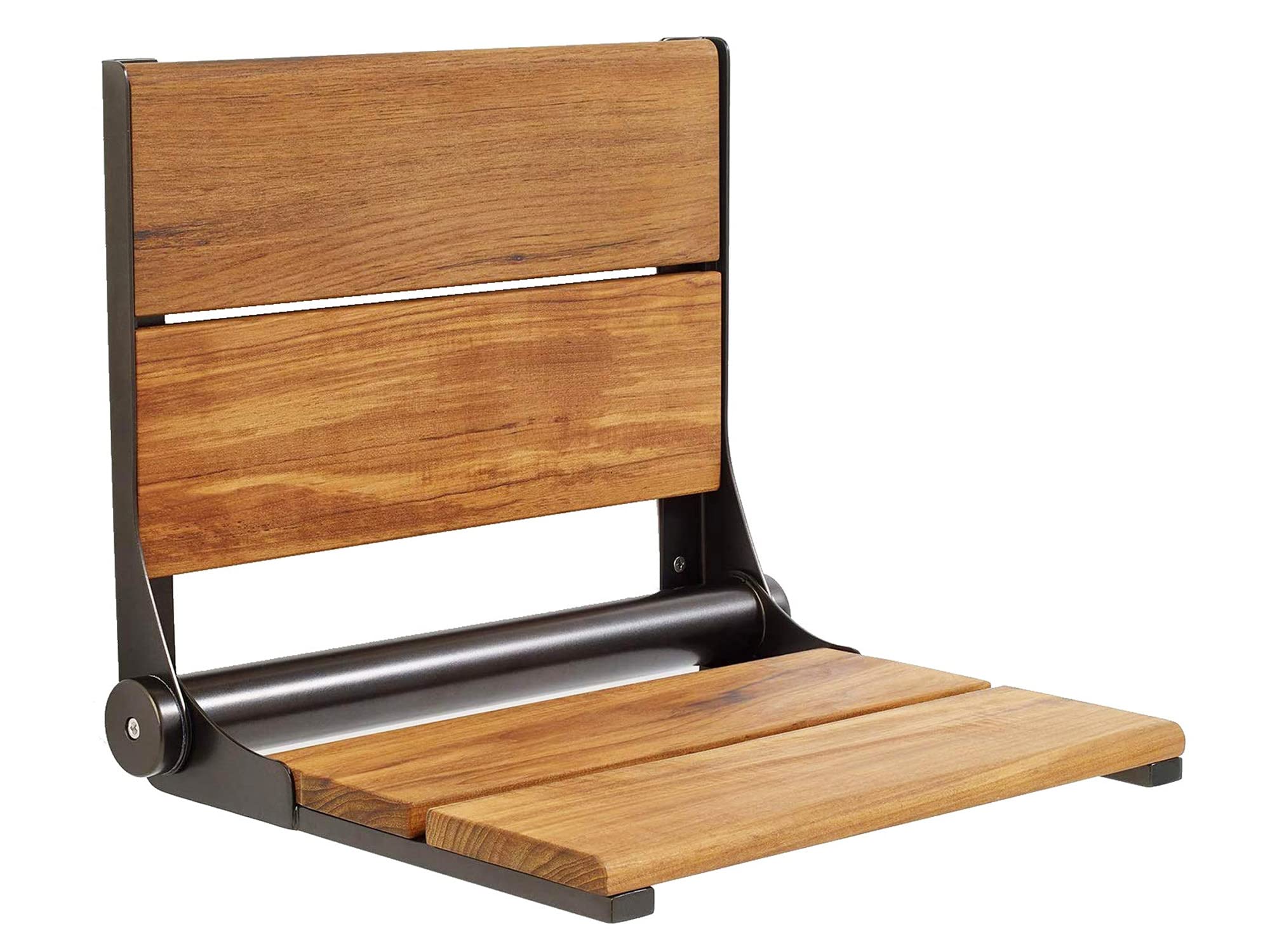 Premium Teak Shower Seat with Backrest - ADA Compliant Folding Wall Mount Bath Bench for Elderly & Disabled - 500 lb Weight Capacity - 304 Stainless Steel Frame - Oil Rubbed Bronze Finish (18