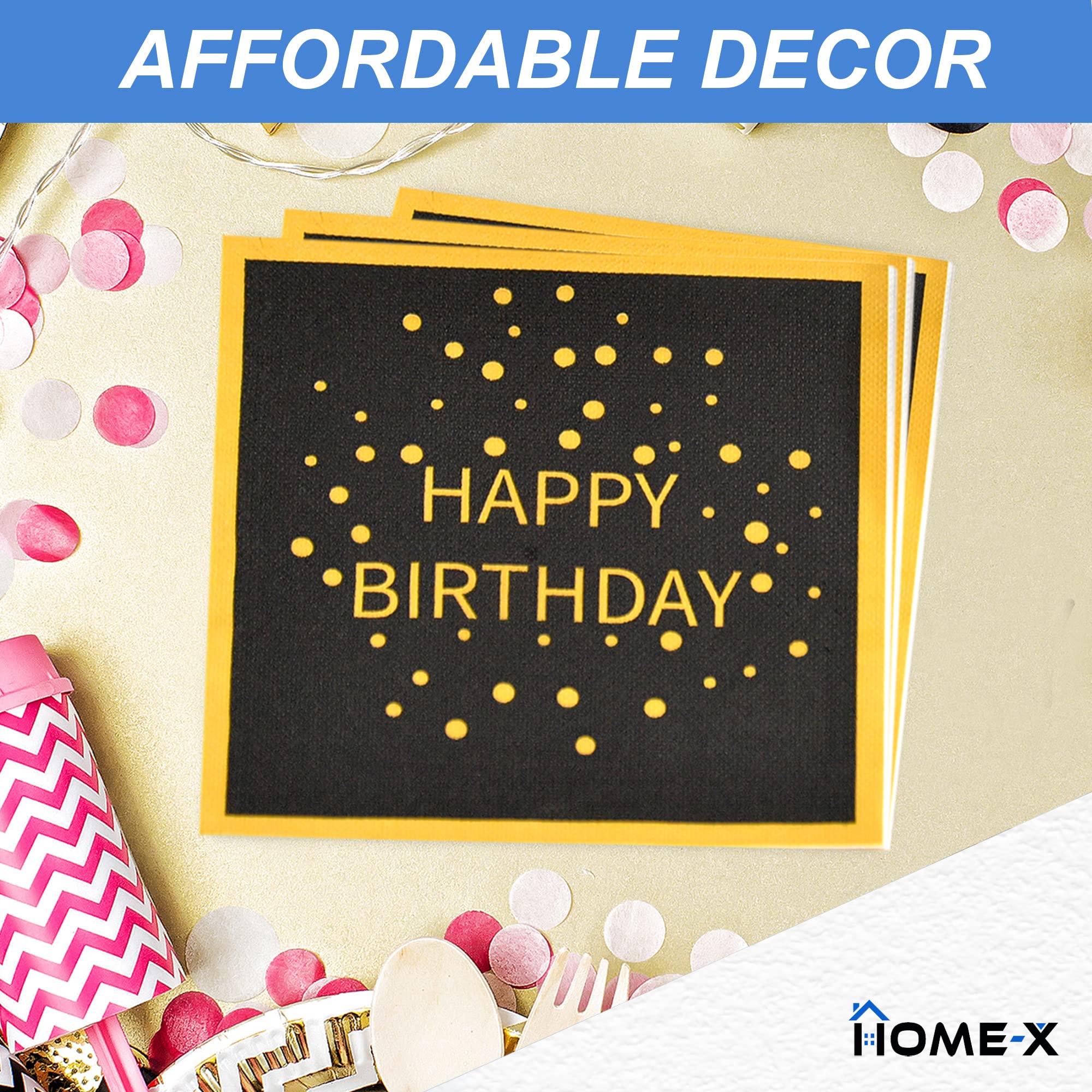 Happy Birthday Black and Gold Paper Napkins - 48 Count, 6.5
