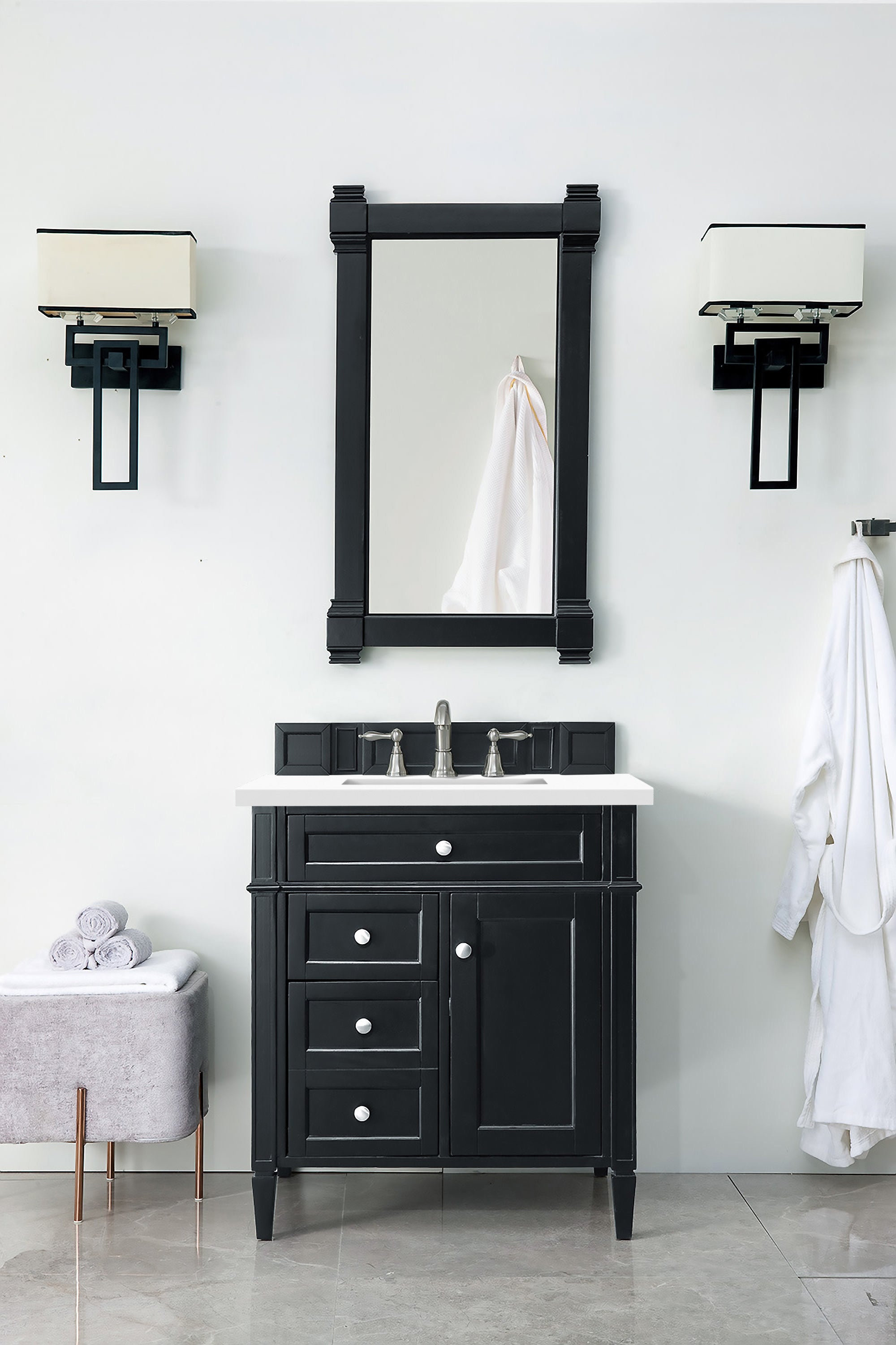 Brittany 30-Inch Single Bathroom Vanity in Black Onyx with 3CM White Zeus Quartz Countertop - Perfect for Modern Master Bathrooms & Powder Rooms