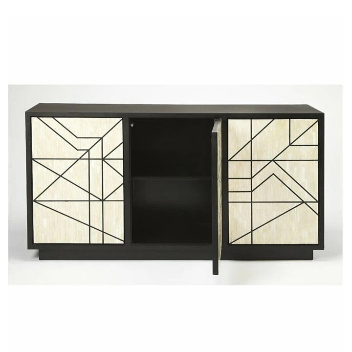 Handmade Bone Inlay Marcello Geometric Design Sideboard Cabinet with Two Doors - Stylish Storage for Living Room, Dining Room or Entryway
