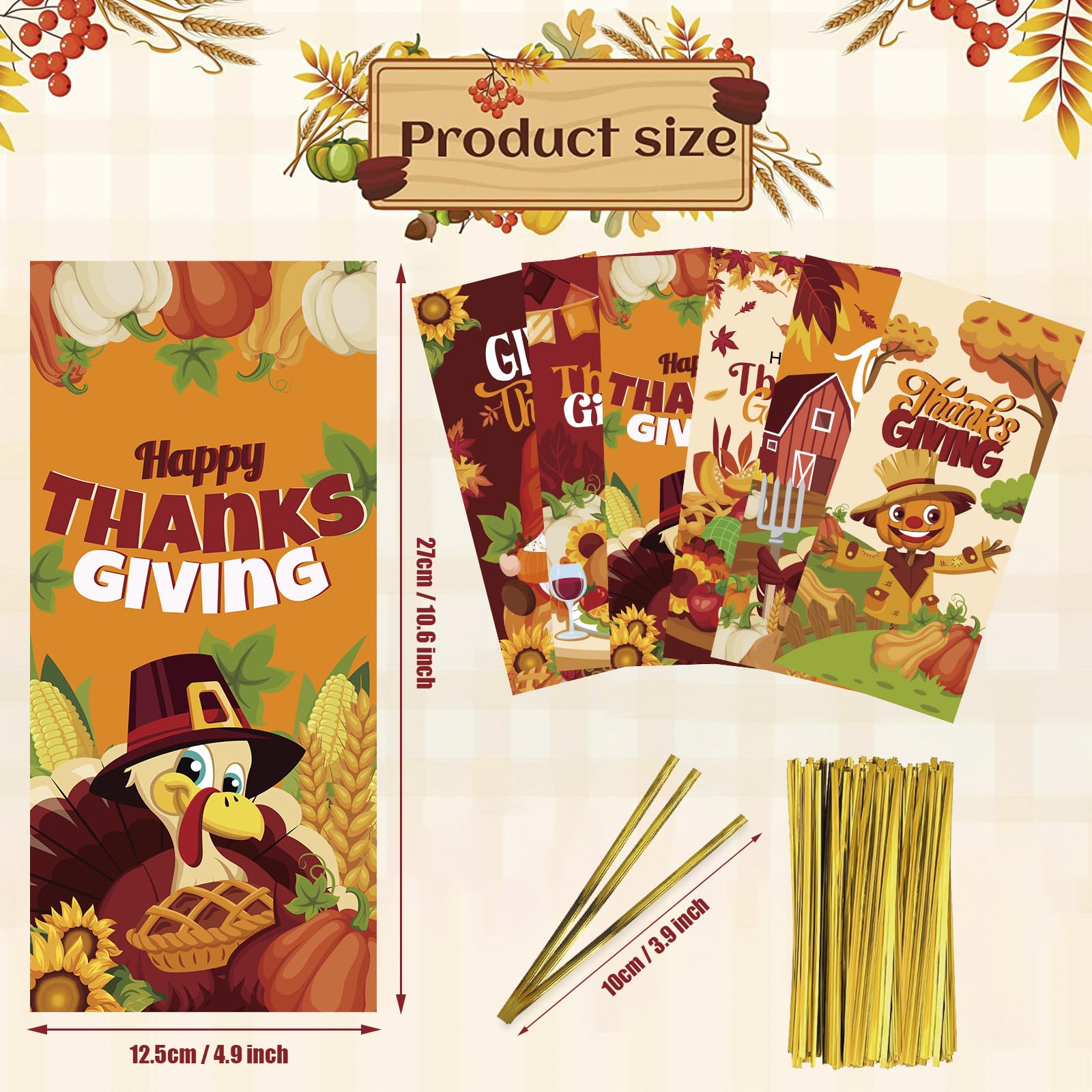 180 Pcs Thanksgiving Treat Bags - Fall Themed Cellophane Candy Bags with Maple Leaves, Turkey & Pumpkin Designs - Perfect for Thanksgiving Party Favors, Classroom Treats & Holiday Gift Giving