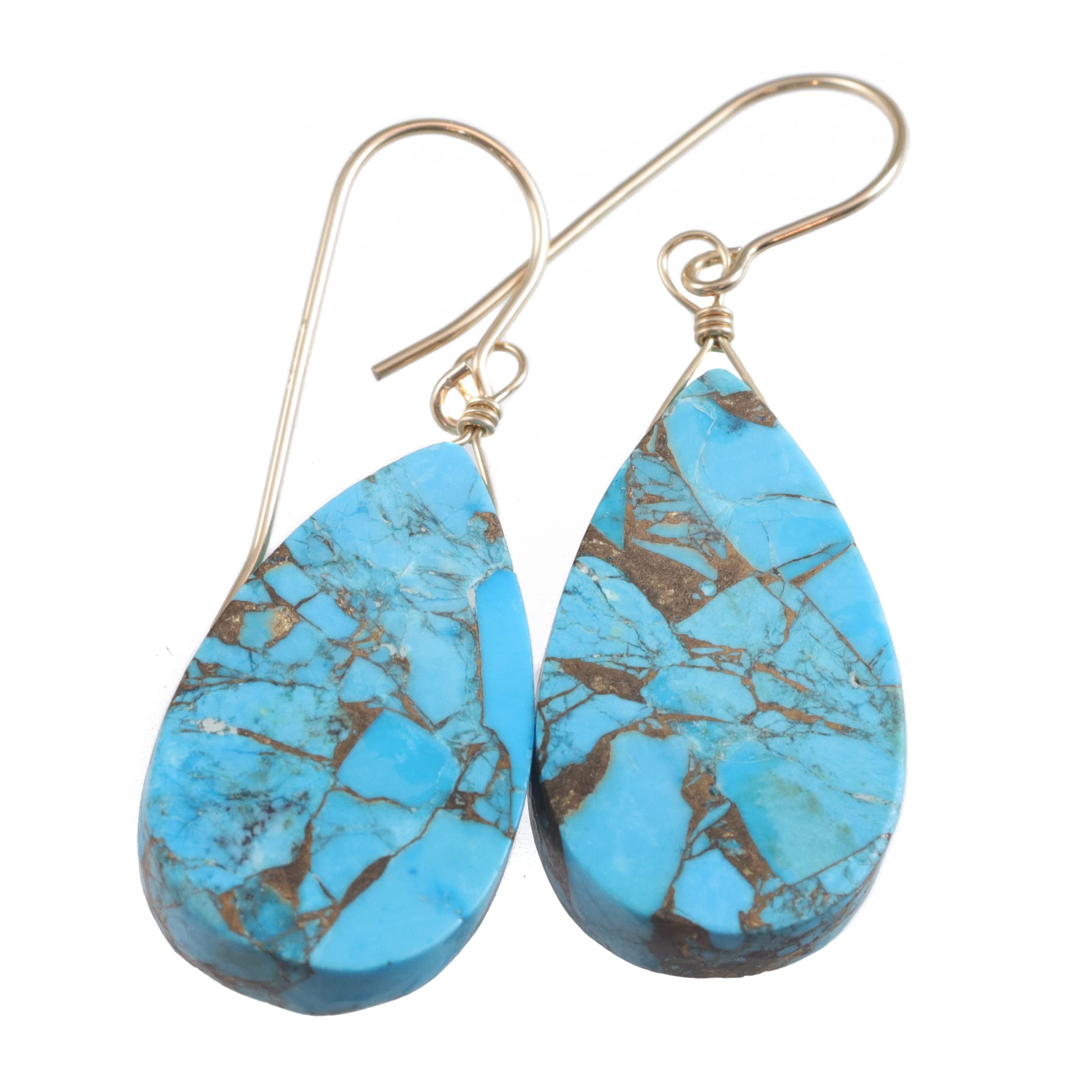 Blue Turquoise Earrings with Coppery Mosaic Veining - Large Smooth Teardrop Dangle Earrings for Women | Perfect for Boho, Casual & Evening Wear