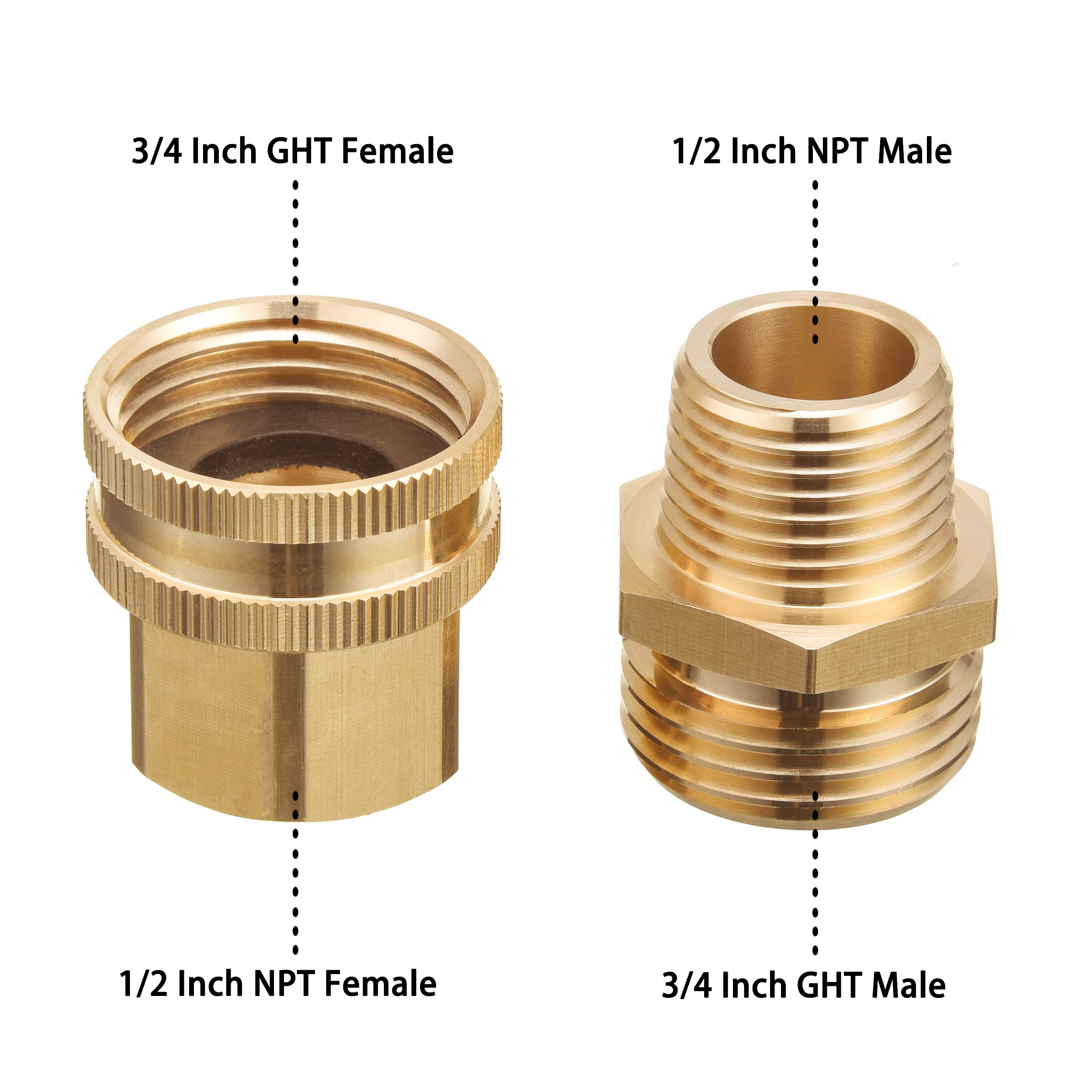 JOEJET 3/4 Inch GHT to 1/2 Inch NPT Brass Garden Hose Adapter - Quick Connect Fittings for Outdoor Watering, Irrigation & Washing (2 Pack) - Perfect for Lawn Care, Car Washing & Gardening Tools