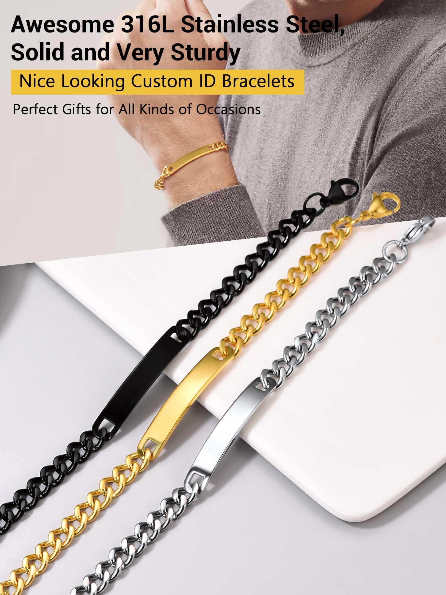 PROSTEEL Custom Engraved Bracelet for Men & Women - Stainless Steel ID Bracelet with Personalized Name, Date, Initial or Quote - Gift Box Included - Perfect for Anniversaries, Weddings & Special Occasions
