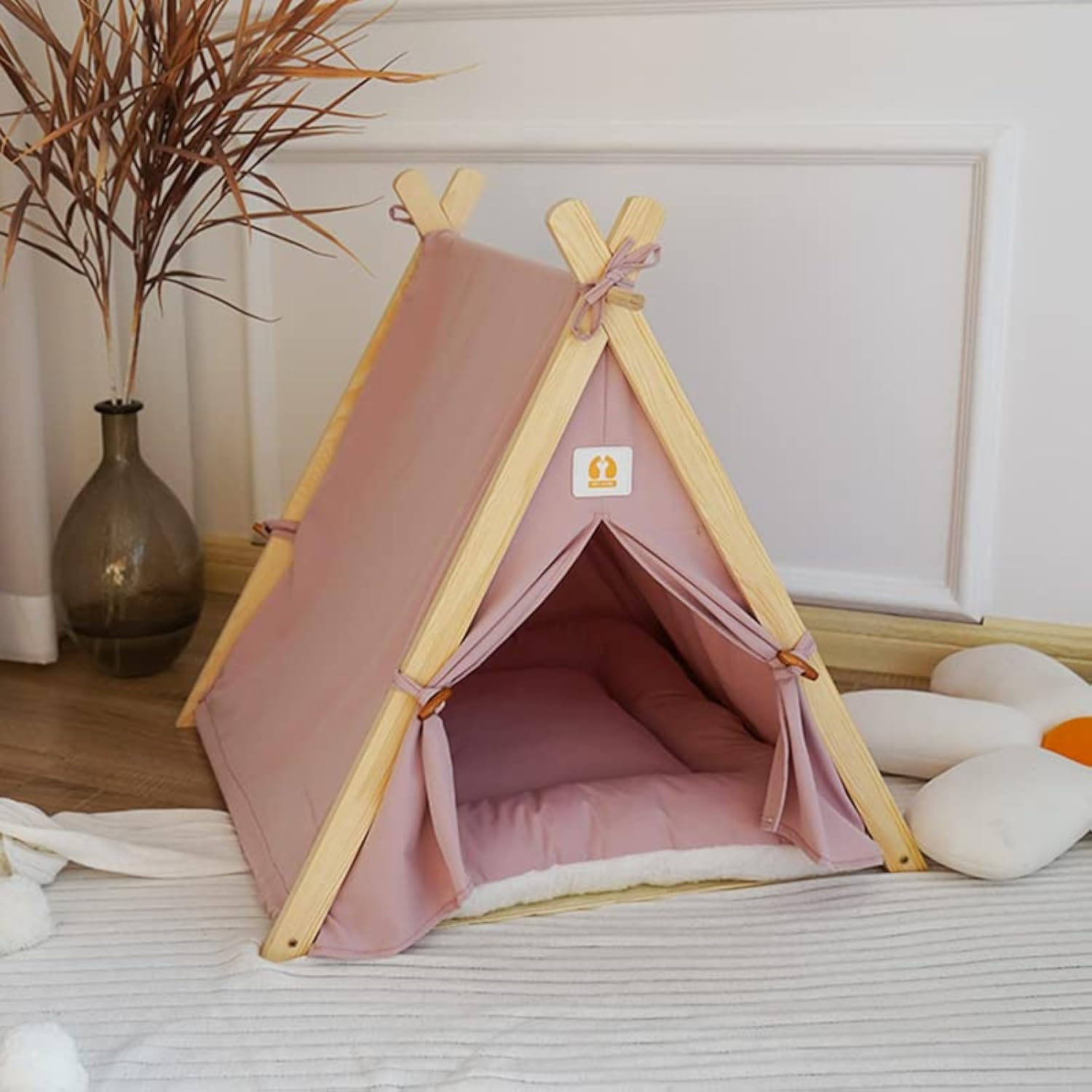 Solid Wood Indoor Cat Tent with Thick Cushion - Portable Dog House & Cozy Teepee Cave Bed for Cats and Small Dogs (Pink) - Perfect for Pet Napping, Playtime & Home Decor