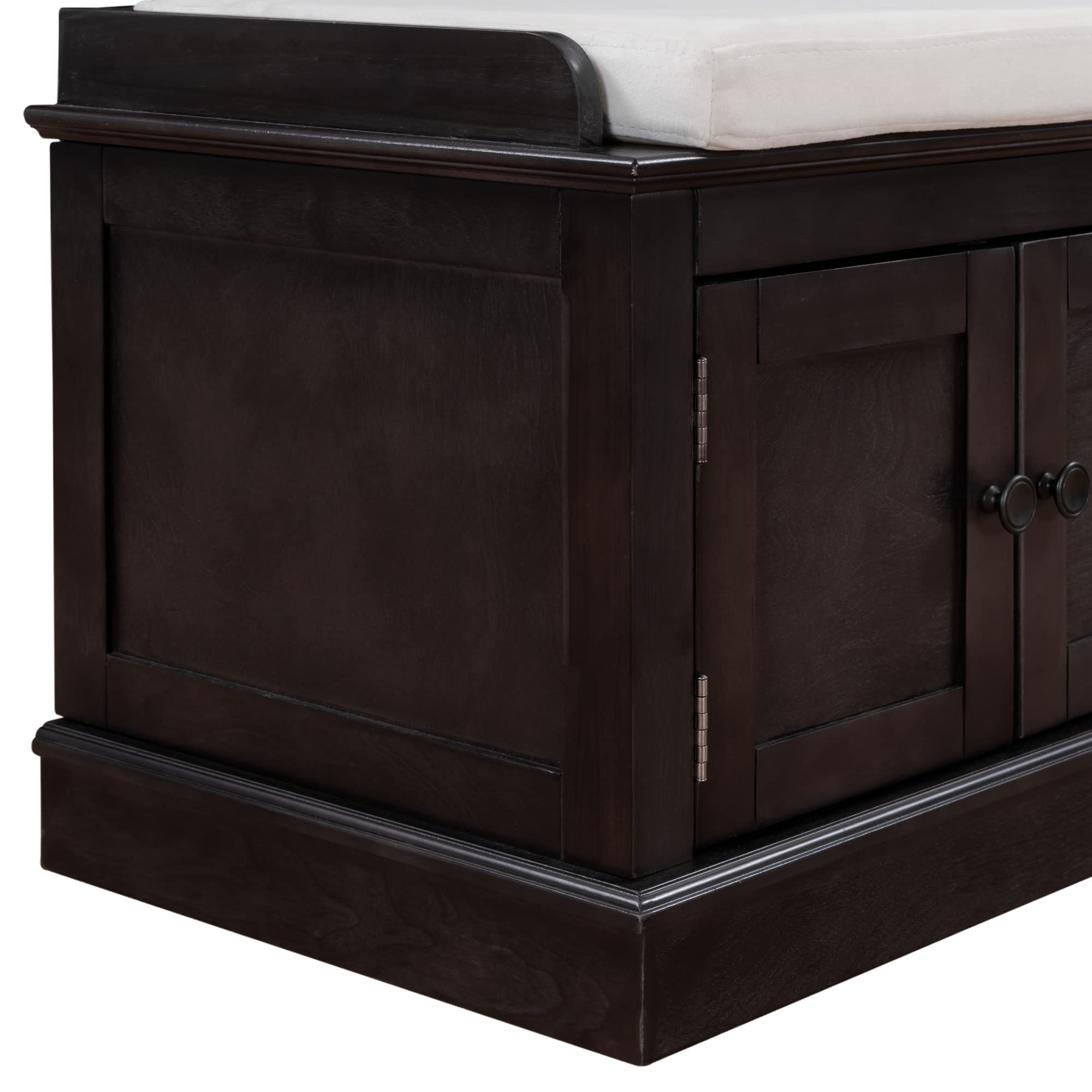 Multi-Functional 4-Door Storage Bench with Adjustable Shelves & Removable Cushion - Shoe Organizer Bench for Entryway, Living Room, Hallway - Perfect for Small Space Organization (Espresso Finish) - Ideal for Home Entry Storage & Shoe Display