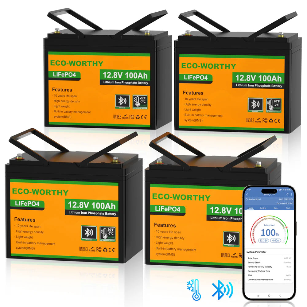 ECO WORTHY 12V 100Ah LiFePO4 Deep Cycle Battery with Bluetooth & Low Temp Protection - Perfect for Solar Power, RV, Marine & Off-Grid Applications