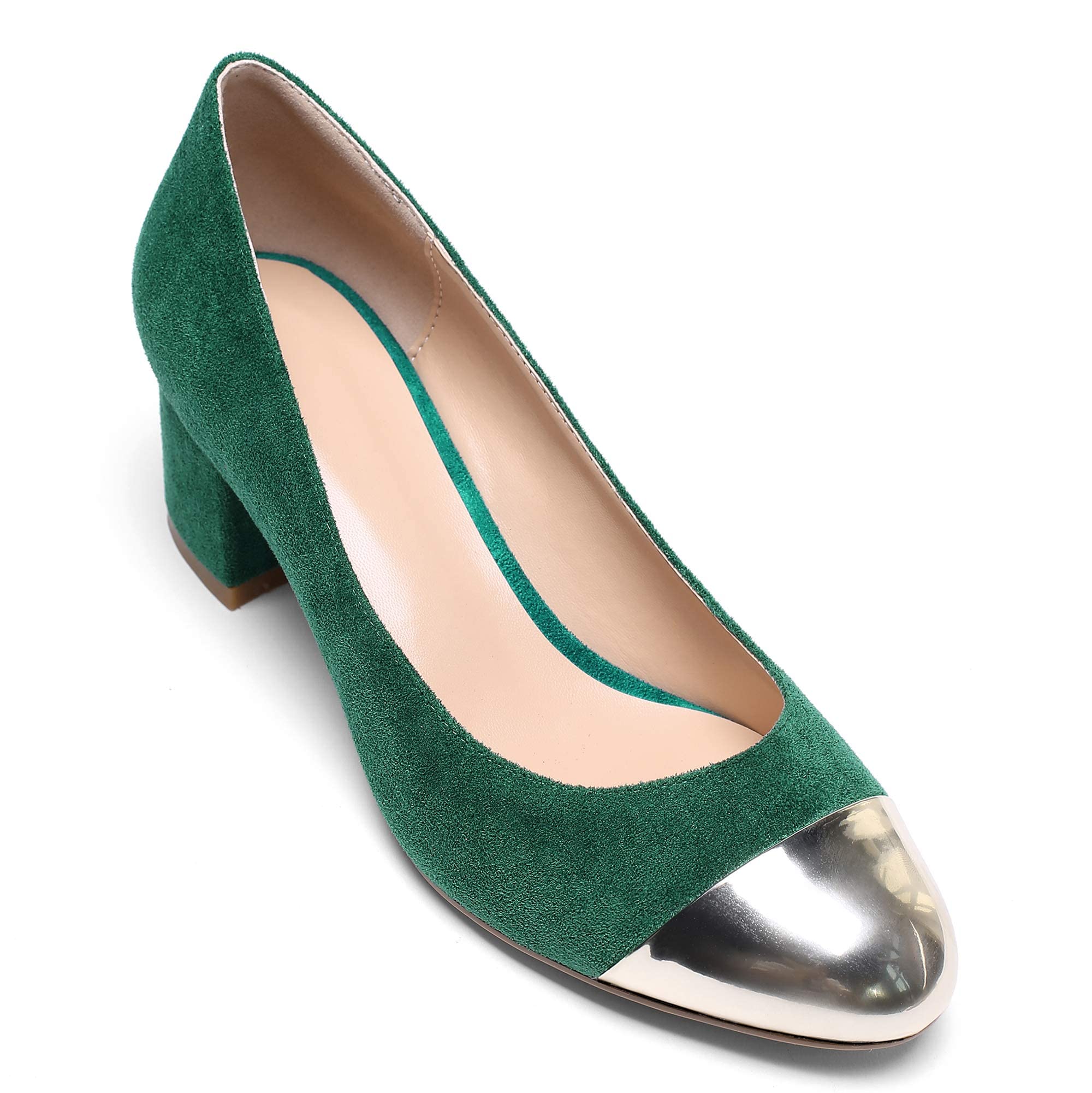 YODEKS Women's Low Block Heel Slip-On Pumps - Round Toe Chunky Heel Dress Shoes for Business, Wedding & Office Wear - Silver-Green Suede US 7.5 | Comfortable Work Shoes for Professional Women & Special Occasions