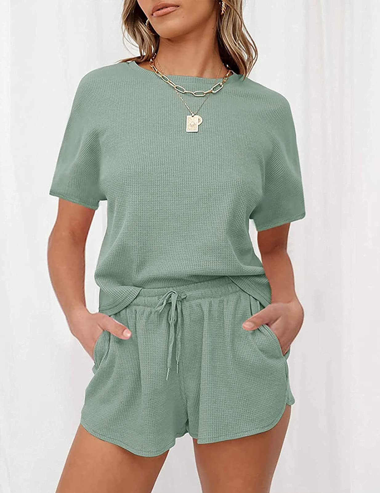 MEROKEETY Women's Waffle Knit Pajama Set - Short Sleeve Top & Lounge Shorts 2-Piece Sleepwear for Women | Soft & Comfortable Nightwear for Sleep, Relaxation & Home Lounging