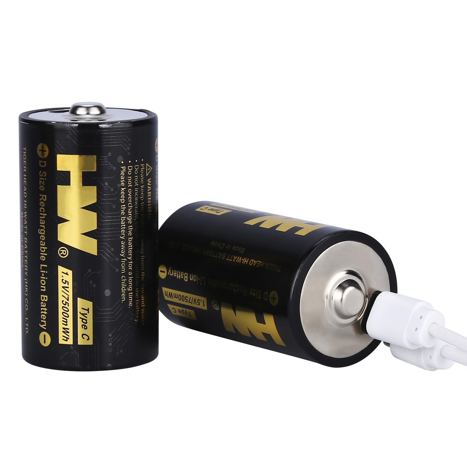 HW Rechargeable D Cell Lithium Batteries 2-Pack with USB-C Fast Charger - 7500mWh, 1000+ Cycles - Long Lasting D Size Batteries for Flashlights, Camping Lights, Emergency Kits & Outdoor Gear