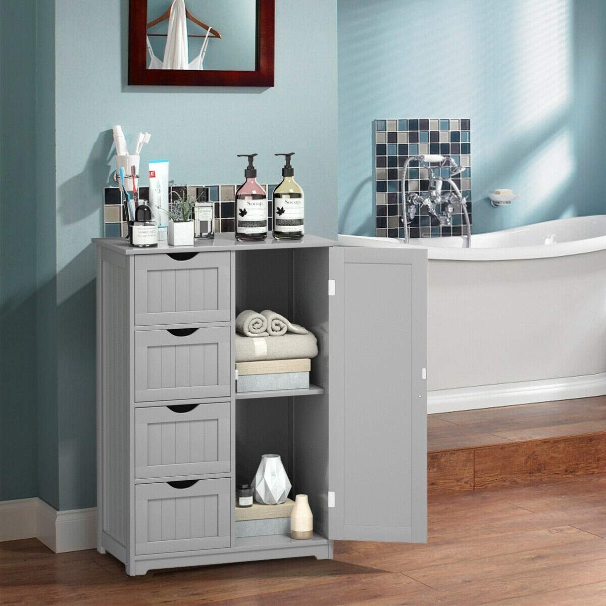 Waterjoy 4-Drawer Wooden Storage Cabinet with Door & 2 Shelves - Bathroom Organizer, Entryway Cupboard, Toy Storage Solution for Home & Office (Grey)