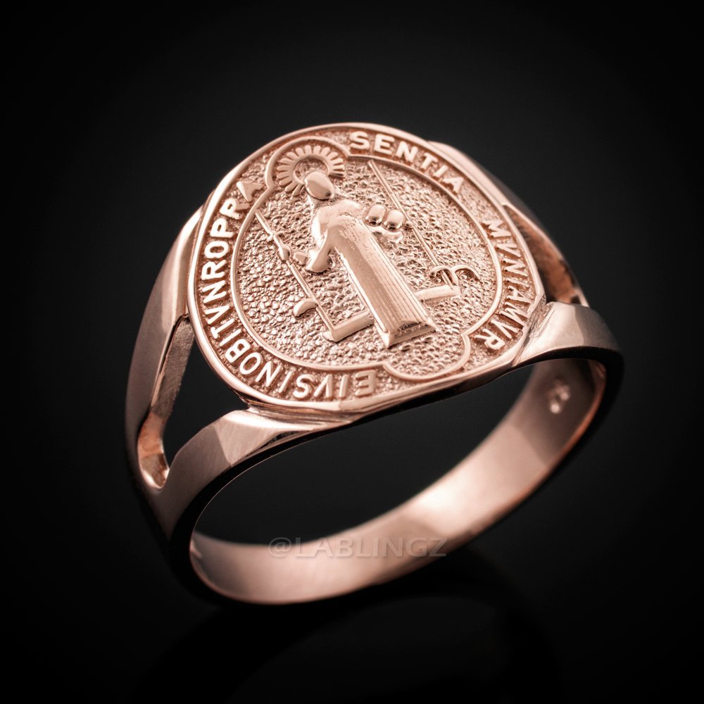 10K Rose Gold Saint Benedict Medallion Ring for Men & Women - Religious Jewelry for Protection & Faith - Perfect for Gifts, Daily Wear & Special Occasions