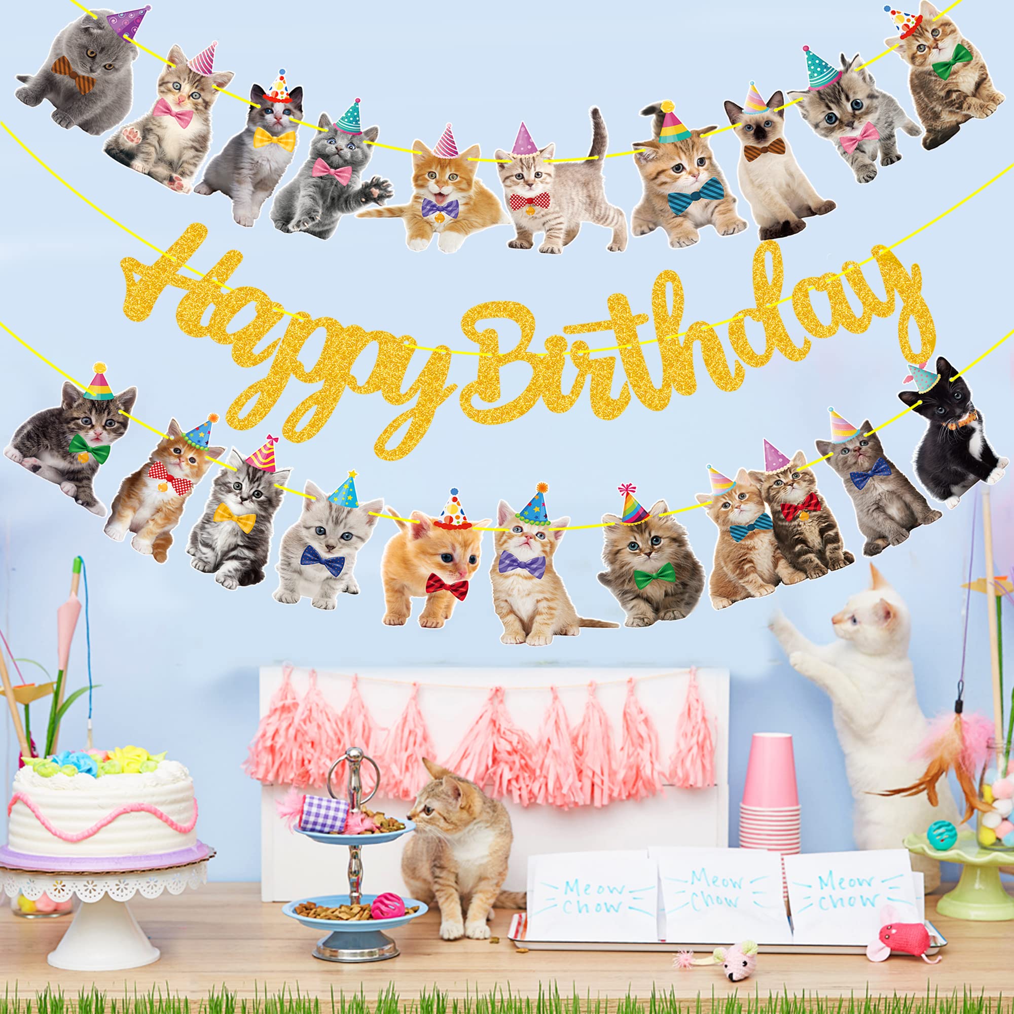 Gold Glitter Happy Birthday Banner for Cat & Kitten Theme Party Decorations - Pet Birthday Party Supplies for Indoor & Outdoor Celebrations