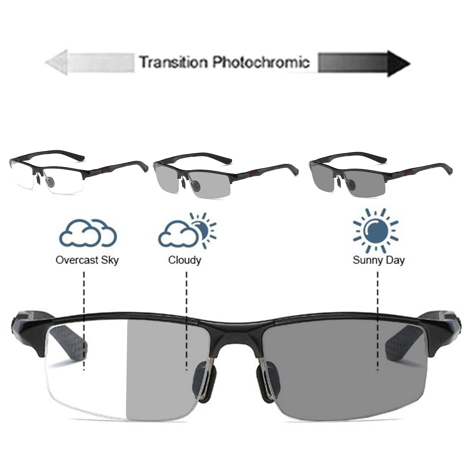 Photochromic Reading Glasses for Men - Lightweight Progressive Multifocal Computer Glasses with Aluminum Magnesium Half-Frame (Indoor/Outdoor Use for Reading, Working & Driving) | Perfect for Office, Home & Commuting