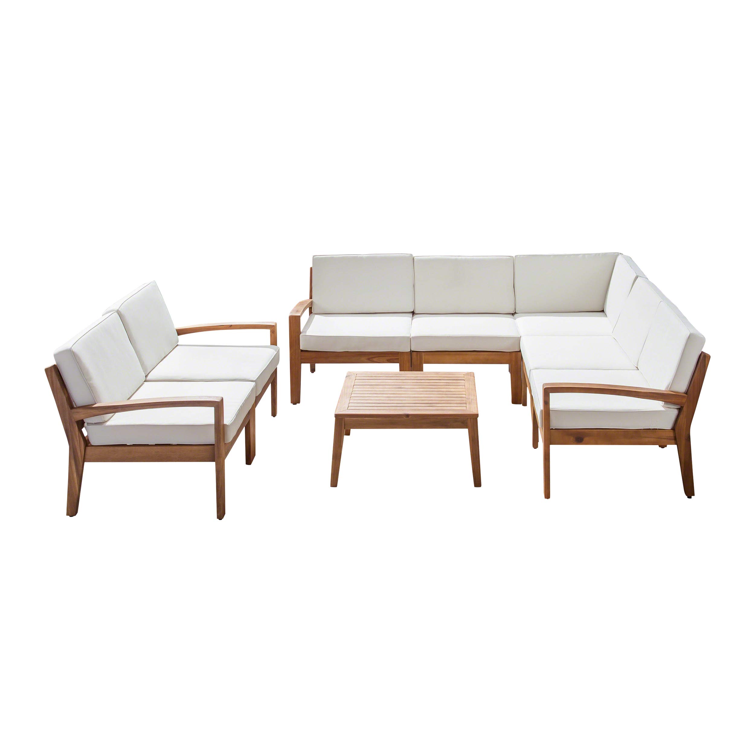 Premium 7-Piece Acacia Wood Patio Sectional Sofa Set with Cushions & Coffee Table - Weather-Resistant Teak Finish & Cream Cushions for Outdoor Lounge, Garden, Poolside or Deck Relaxation