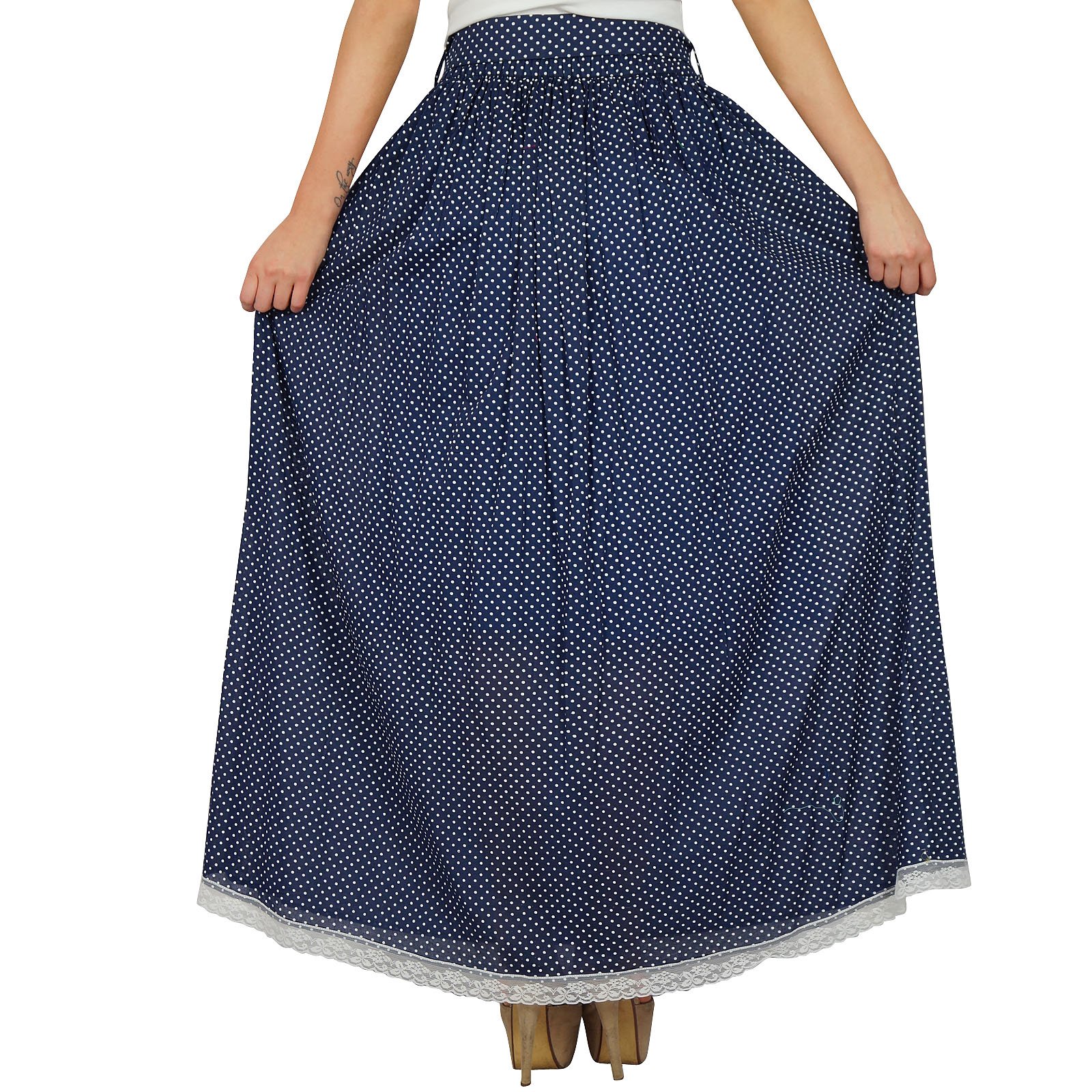 Bimba Women's Long Flared Cotton Tulip Maxi Skirt with Lace Trim - Boho Gypsy Style Blue Midi Dress for Beach, Vacation & Summer Outfits