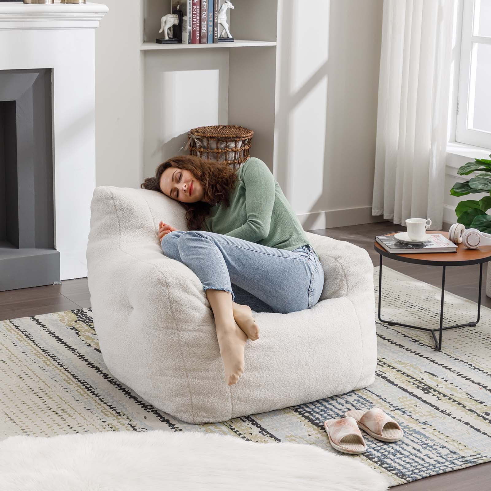 Antetek Ultra Soft Teddy Fabric Bean Bag Chair for Adults & Kids - Modern Accent Chair for Living Room, Bedroom, Apartment - Ivory | Cozy Seating for Relaxation, Gaming & Movie Nights