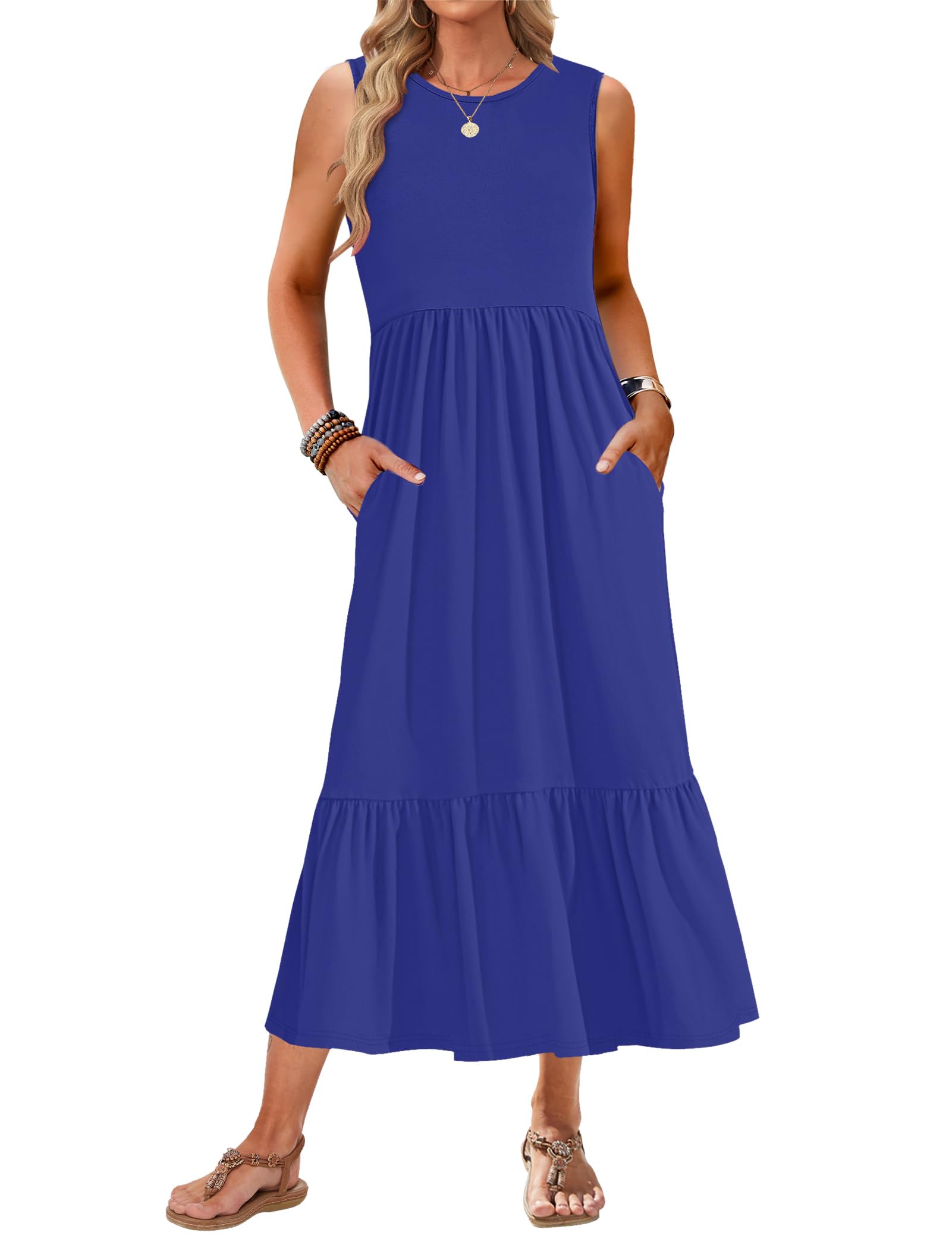 AUSELILY Women's Summer Maxi Dress 2025 - Sleeveless Flowy Tiered Sundress with Pockets, Crewneck Casual Beach Dress for Vacation, Party & Outdoor Activities