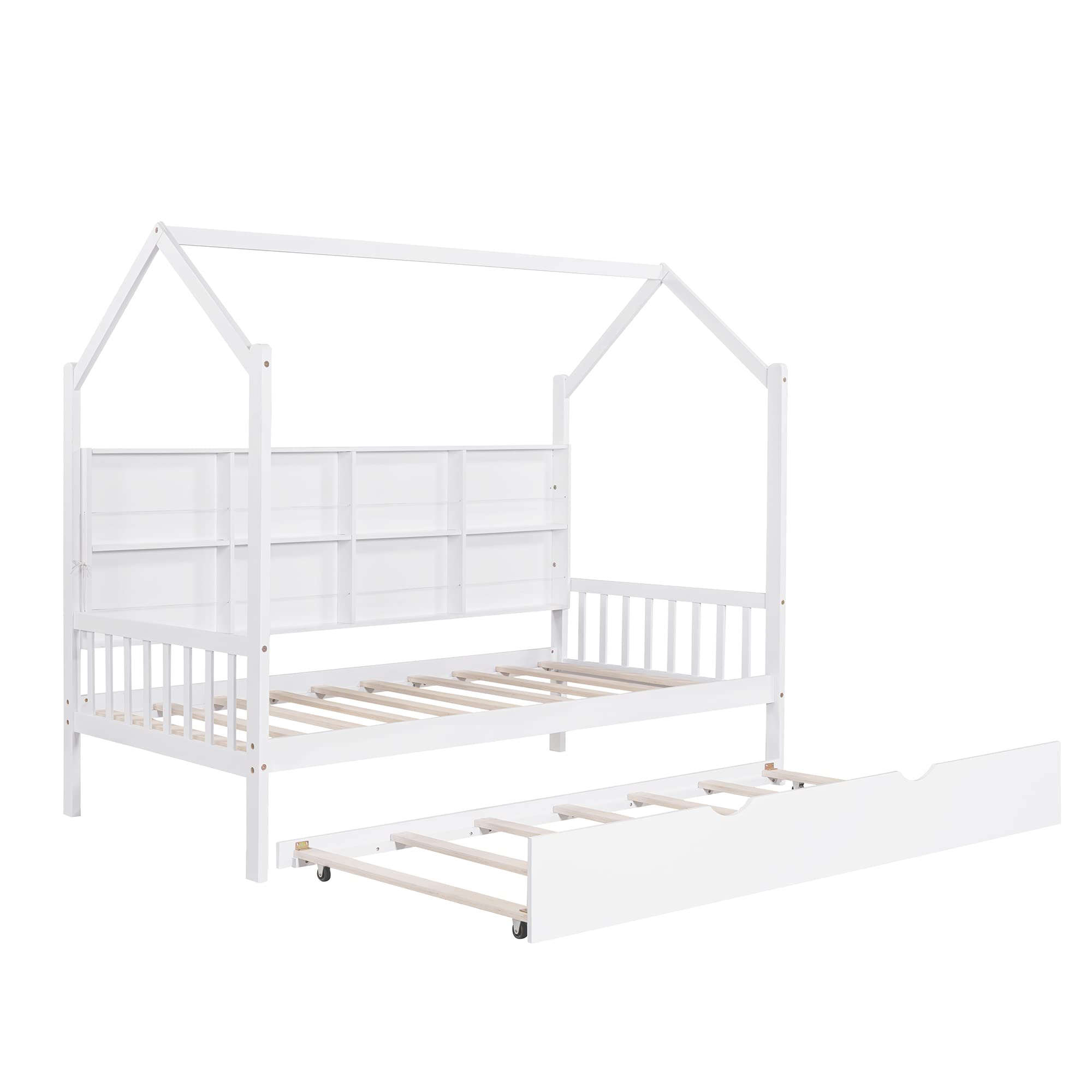 Harper & Bright Designs White Wooden Twin Size House Bed with Trundle & Shelf - Kids Bed for Boys, Girls & Toddlers - Perfect for Bedrooms, Playrooms & Nursery Decor