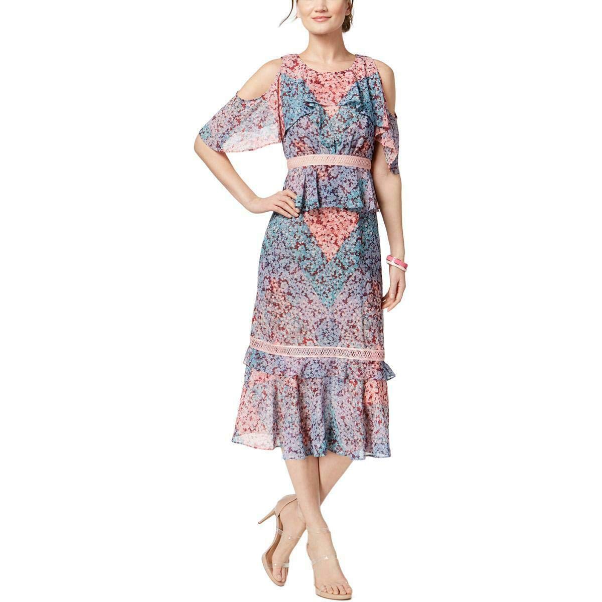 Jax Women's Cold Shoulder Floral Print Midi Dress - Size 10 Pink | Summer Party, Wedding Guest & Casual Outfit