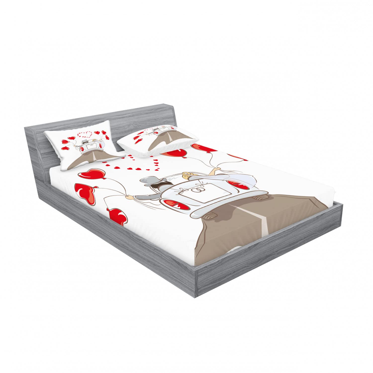 Ambesonne Romance 2-Piece Queen Size Bedding Set - Newlywed Couple in Car Design Fitted Sheet & Pillow Sham (Red Taupe White) | 4-Pc Bedroom Decor for Couples | Perfect for Honeymoon Suite, Anniversary Gift or Romantic Bedroom Makeover